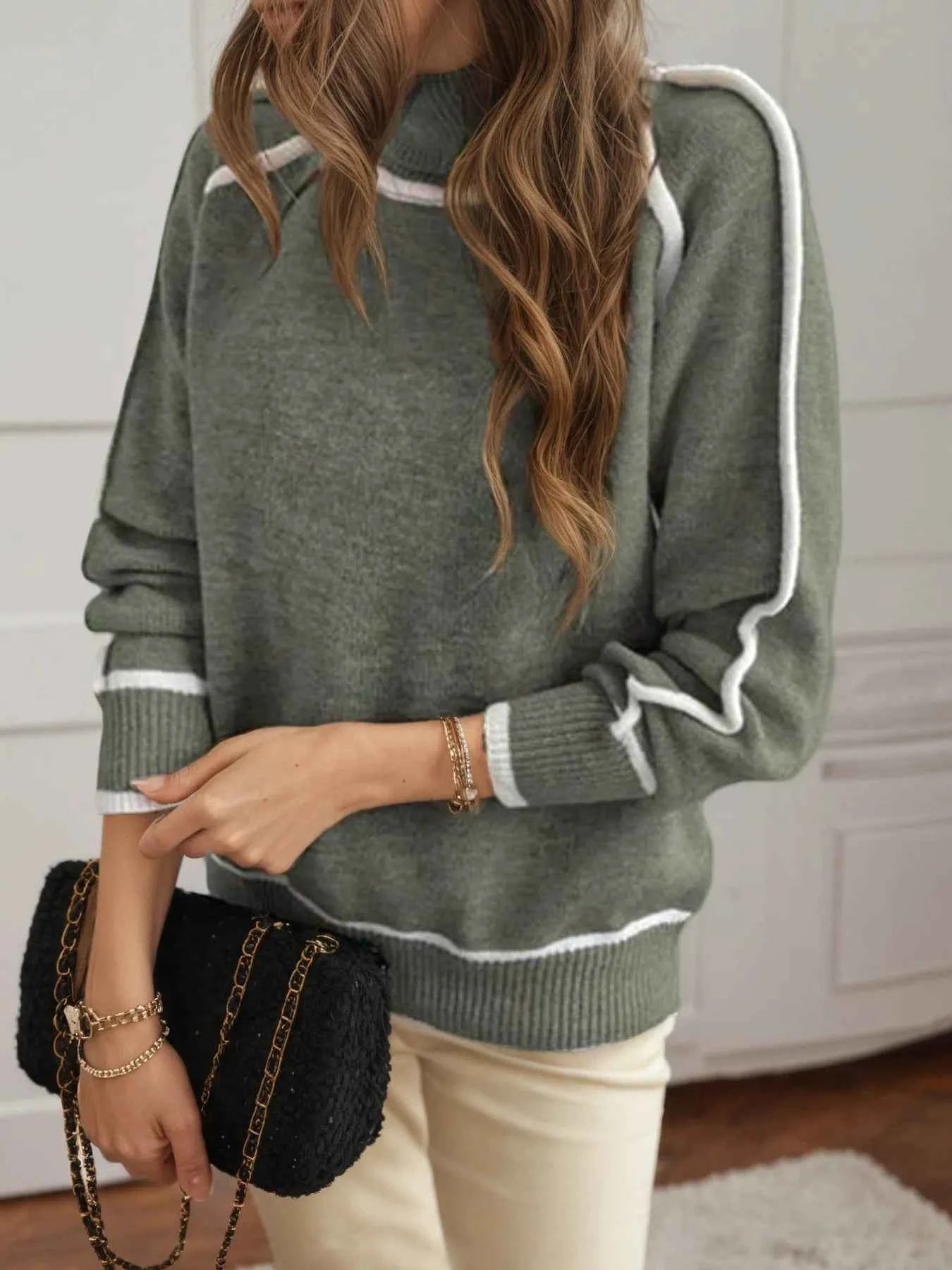 Turtleneck Contrast Trim Sweater with Ribbed Details Moss 91997cba80ee4c7caeb671698374e965-Max-Origin