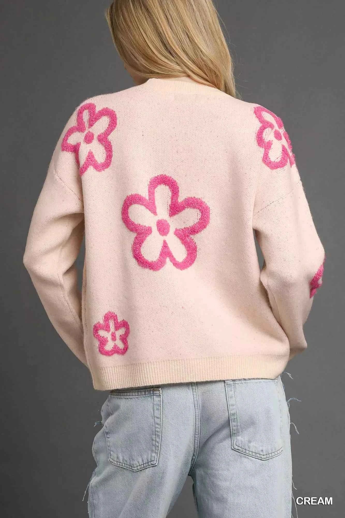 Umgee Round Neck Sweater with Pink Floral Accents 919a3f10-e1a0-42c5-b06a-01f5213c1aed-Max-Origin