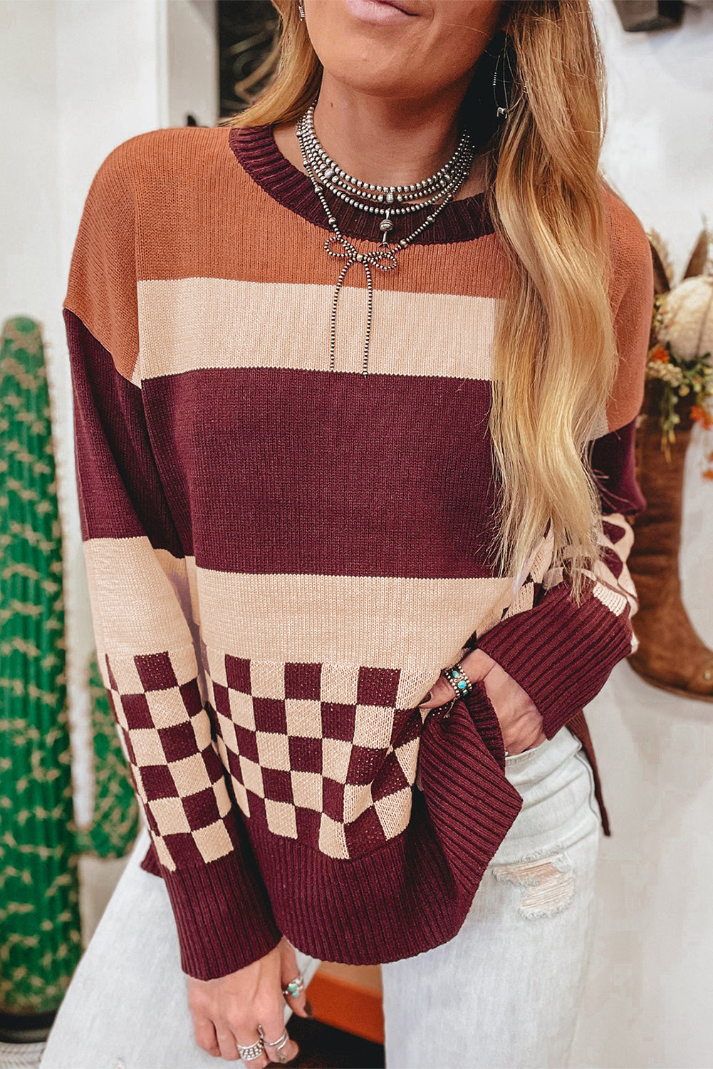 Brown Checkered Colorblock Knitted Drop Shoulder Sweater Brown 52%Viscose+26%Polyester+22%Polyamide 91a9c08bcfaaaaae