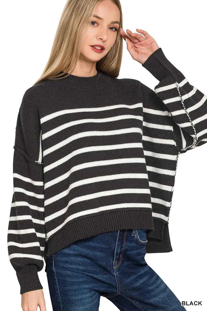Zenana Exposed Seam Striped Oversized Sweater BLACK 91e071394e5f4e7ba5cbdb08f5e4133f-Max-Origin