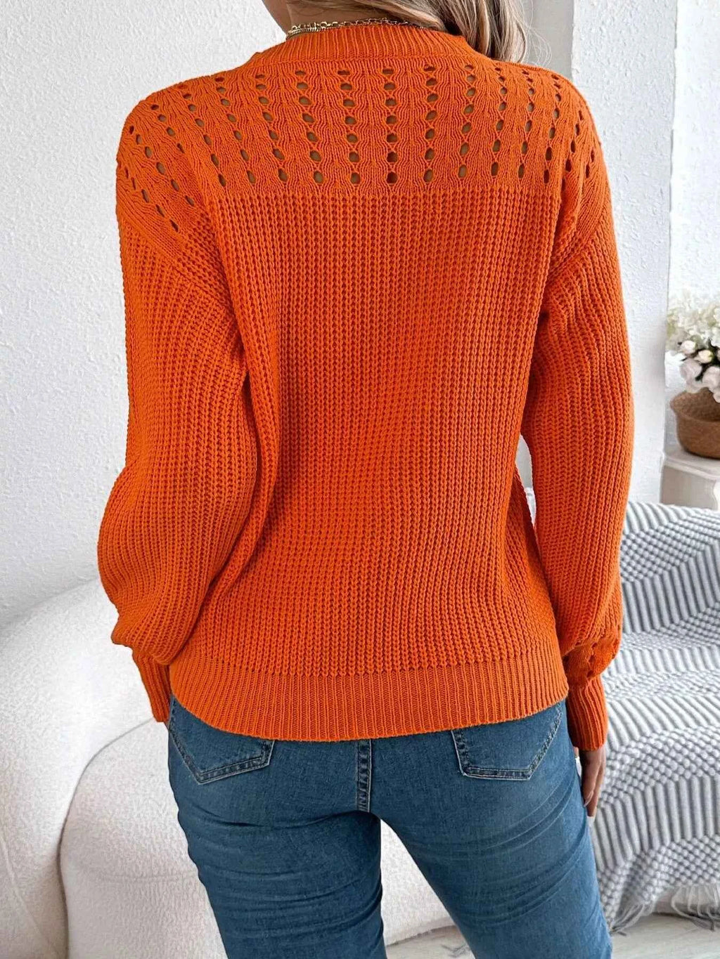 Openwork Round Neck Long Sleeve Sweater 91e86c29b67946c3aa4ba72eb3c8be68-Max-Origin
