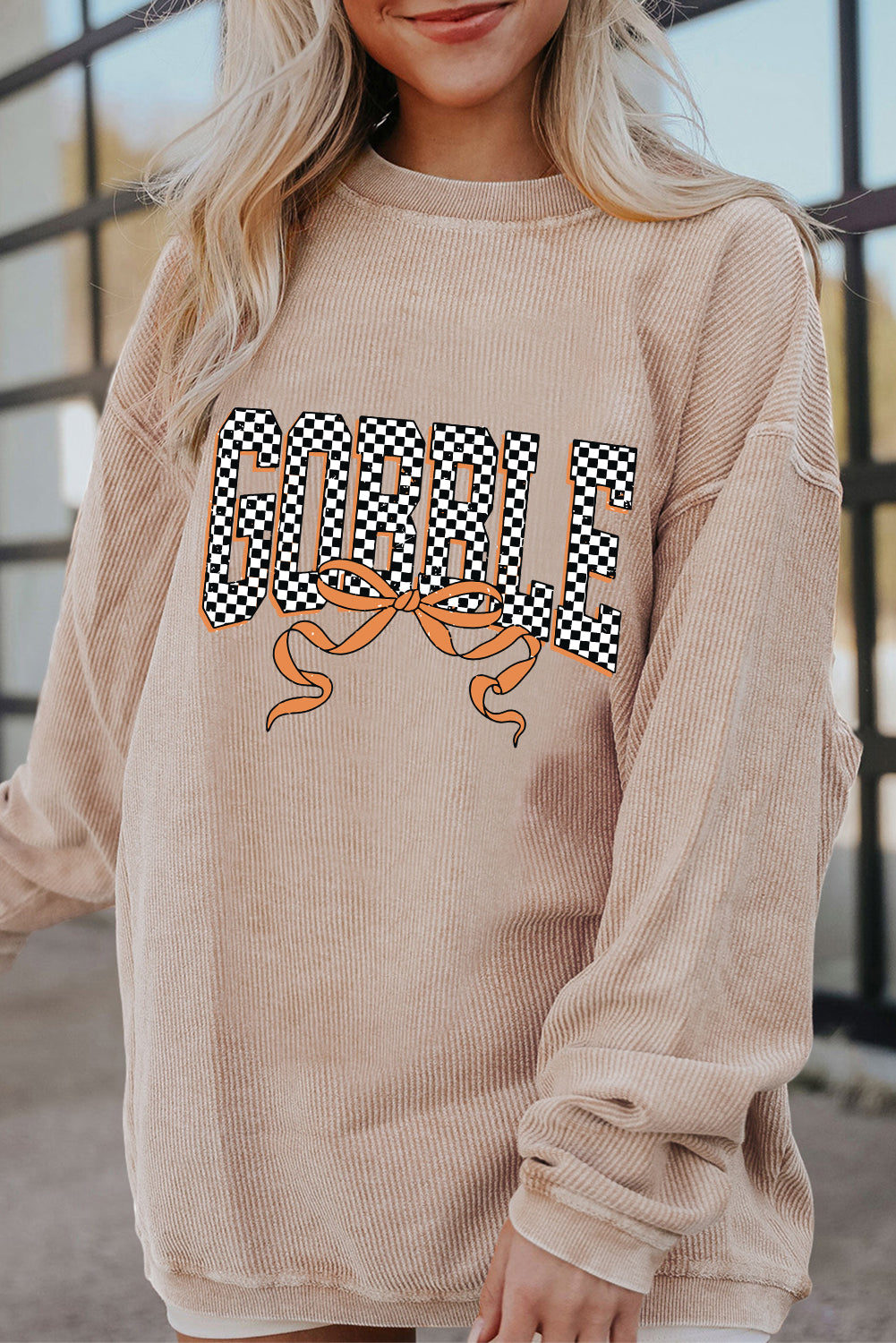 Apricot Twisted Ribbed Texture Checkered GOBBLE Bow Heat Transfer Printing Sweatshirt 91e94de2744367b8