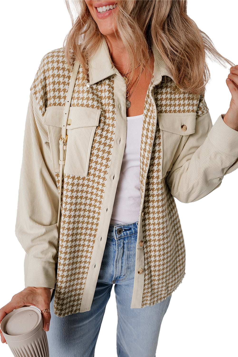 Parchment Houndstooth Corduroy Patchwork Flap Pocket Shacket 91ee11c6e338b759