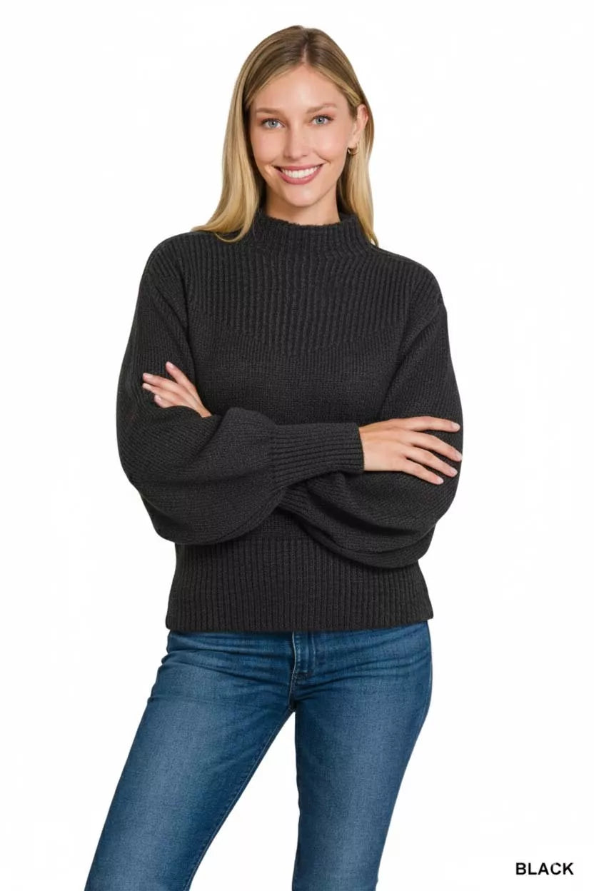 Zenana Balloon Sleeve Mock Neck Sweater BLACK 920bc937-c787-4dc8-a46b-9d9e48f2d6e0-Max-Origin