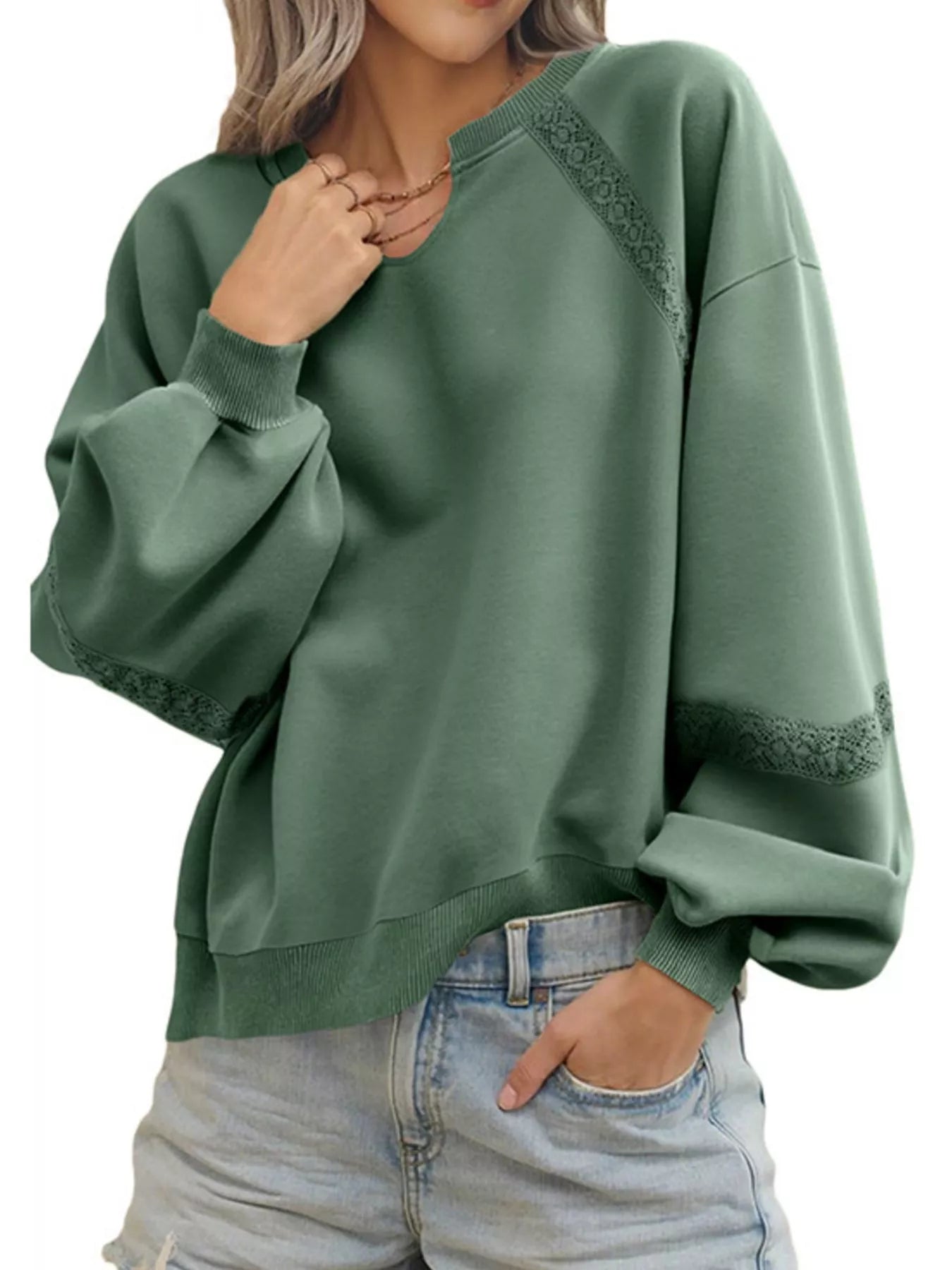 Lace Detail Notched Long Sleeve Sweatshirt Green 921ba4d7-55a4-460f-816c-69a4a2602c96-Max-Origin