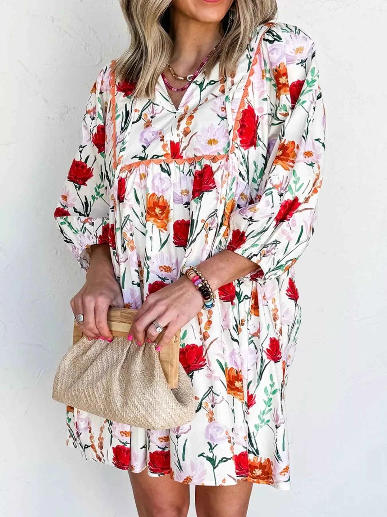 Floral Print 3/4 Sleeve Mini Dress Floral 922dad28-246c-4bb1-9914-934c91a96b41-Max-Origin