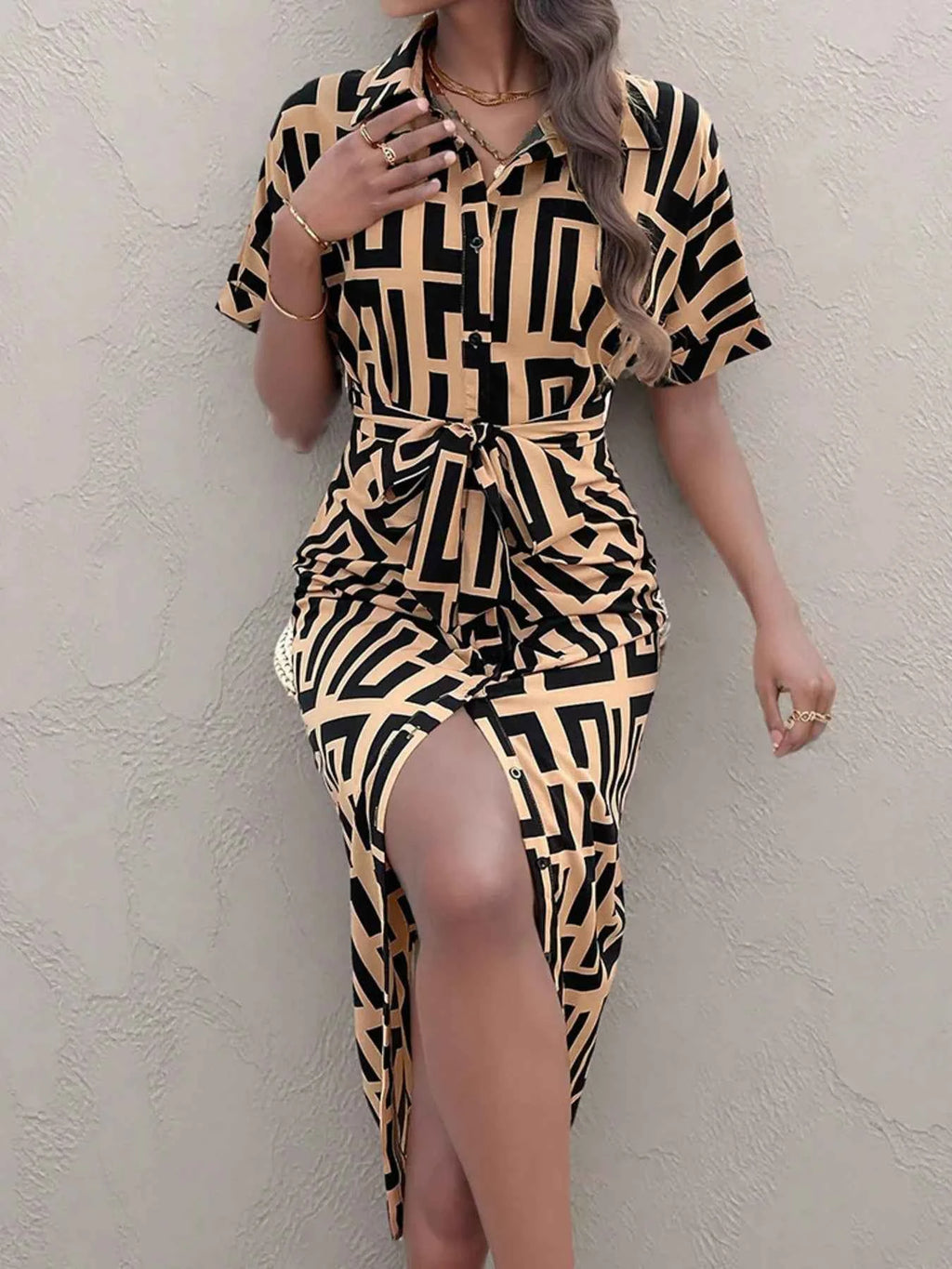 Geometric Print Belted Midi Dress 92300c7768524818bf7496ad4ac287f7-Max-Origin