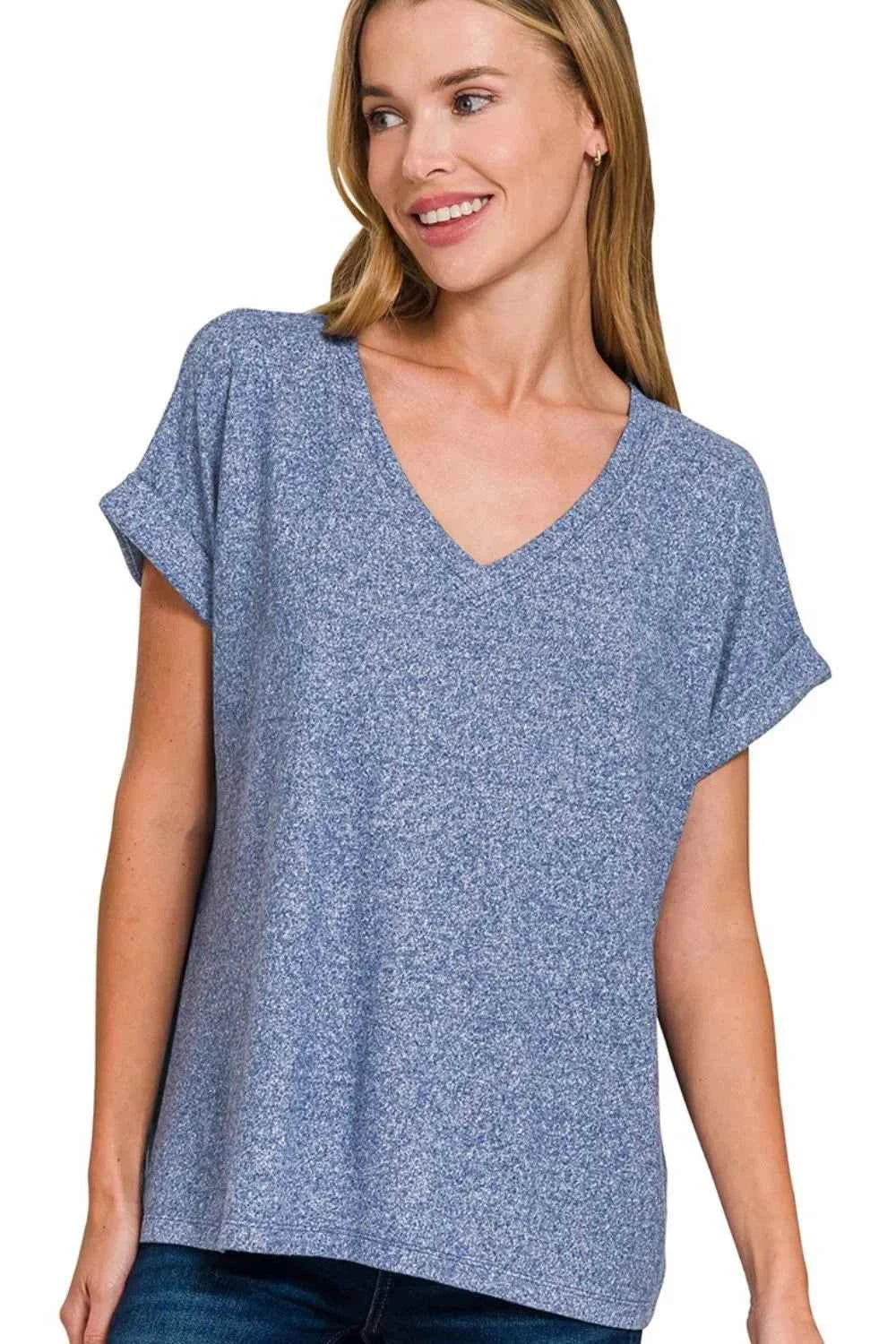 Zenana Soft Melange Hacci V-neck Tee LT NAVY 92398c42-280b-4072-87d0-192b047120ad-Max-Origin