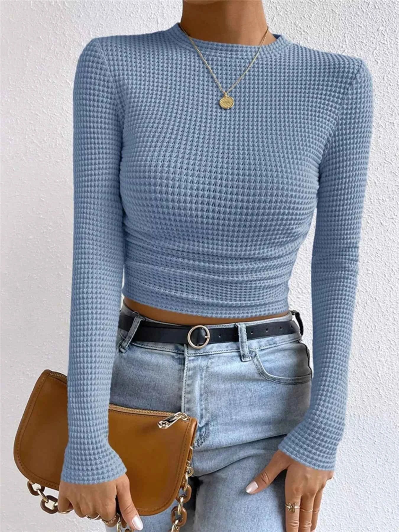 Waffle Knit Long Sleeve T-Shirt Light Blue 924b8165c02d4e97b3558ceb2a57aa4c-Max-Origin