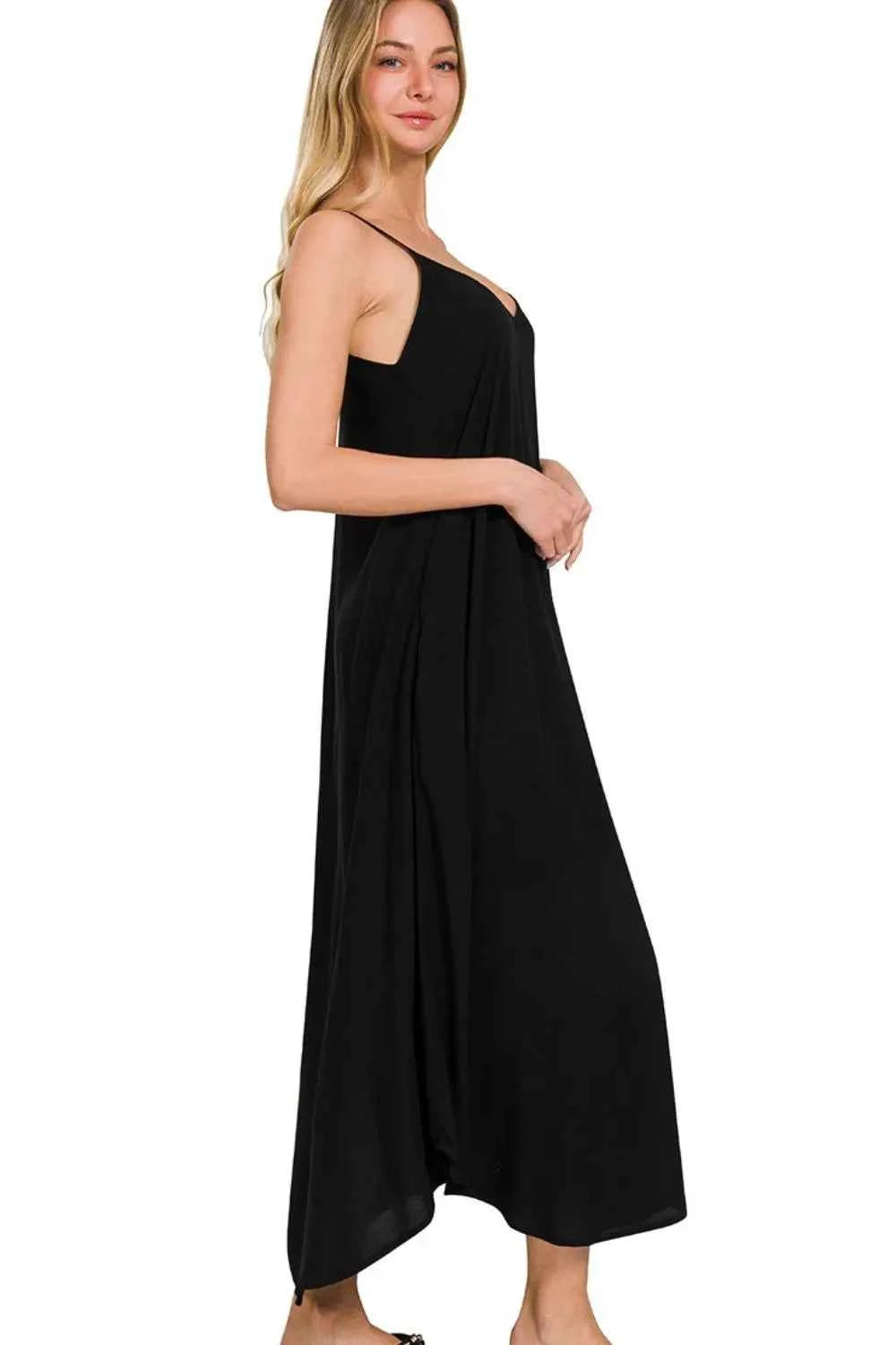 Zenana Woven Arc Hem Cami Dress With Flowy Pockets BLACK 924fb307-3939-42f3-a05d-48ca0df76d54-Max-Origin