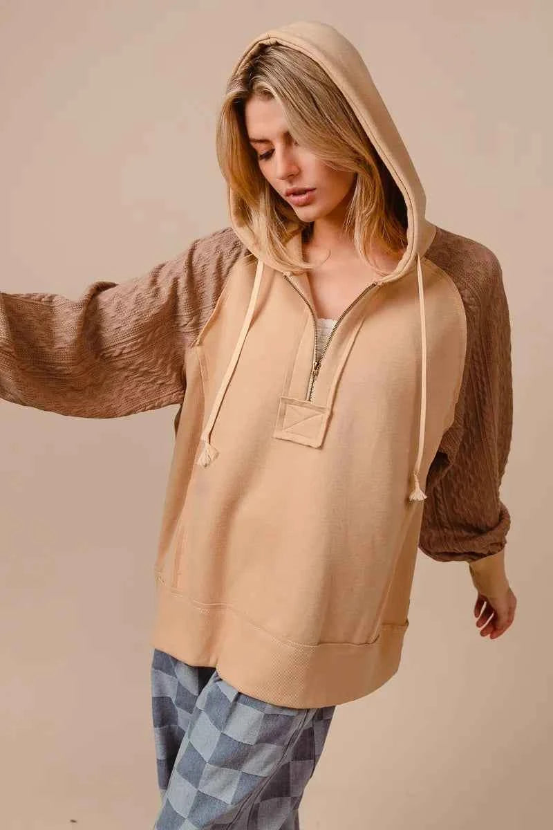 BiBi Half Zip French Terry Hoodie with Kint Sleeves 926099ff68324aa5986123921d93847b-Max-Origin