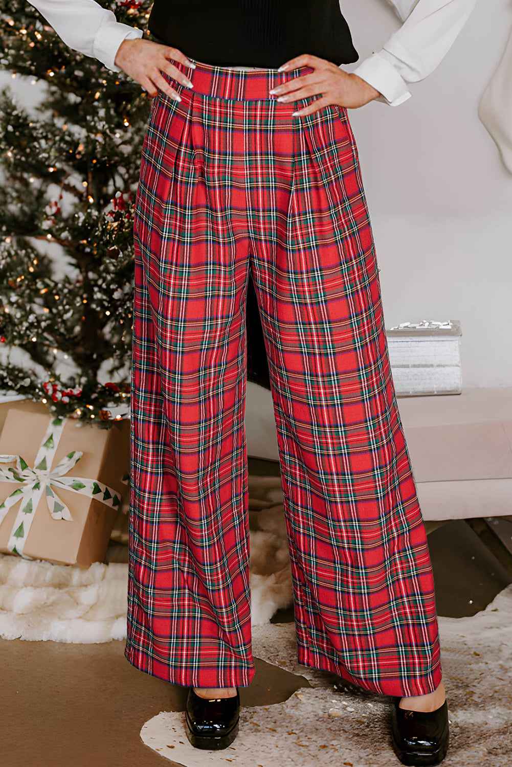 Red Christmas Plaid Wide Leg Pull-On Pants Red 75%Polyester+25%Cotton 9269ac7522e3e121