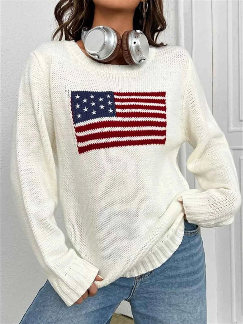 US Flag Round Neck Long Sleeve Sweater 928eee87b9c841f7a1c5f71555c0707d-Max-Origin