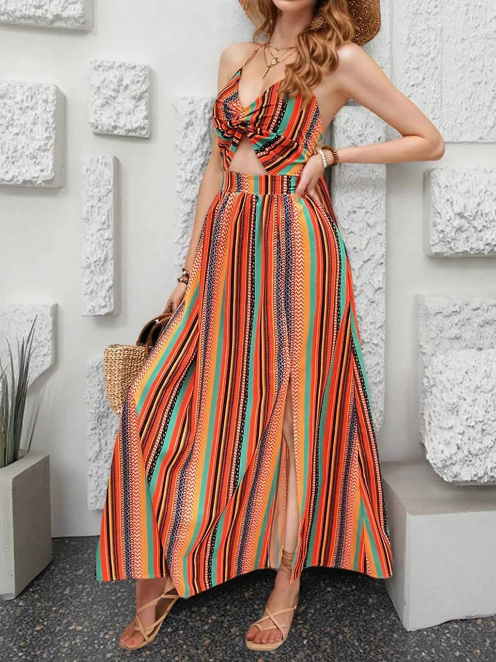 Striped Halter Maxi Dress with Cutout Detail 9294f34c66b649bc883904f36c7922a2-Max-Origin