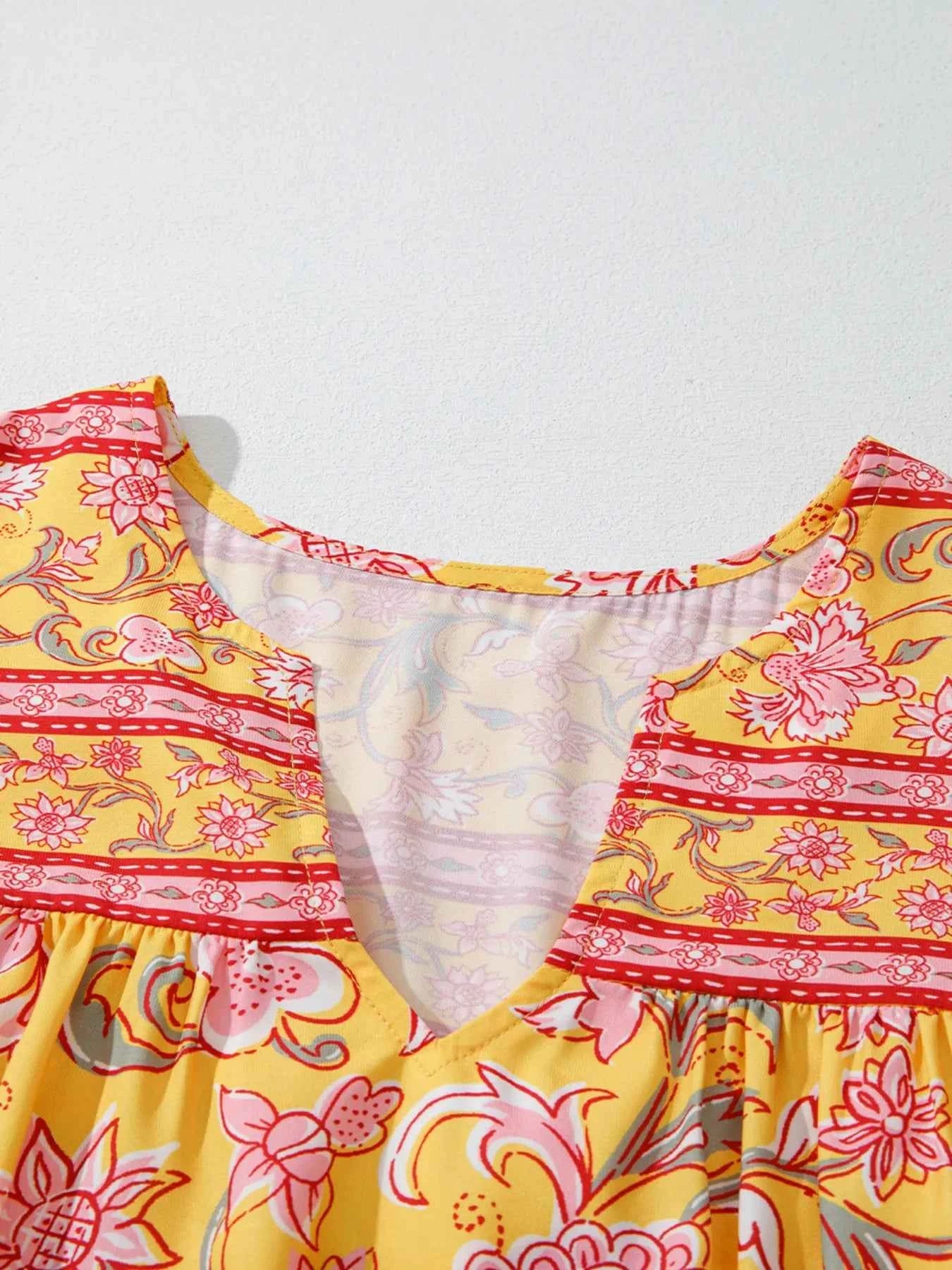 Floral Notched Neck Ruffled Sleeve Casual Blouse 929a777117e3400290167ad4b67fc342-Max-Origin