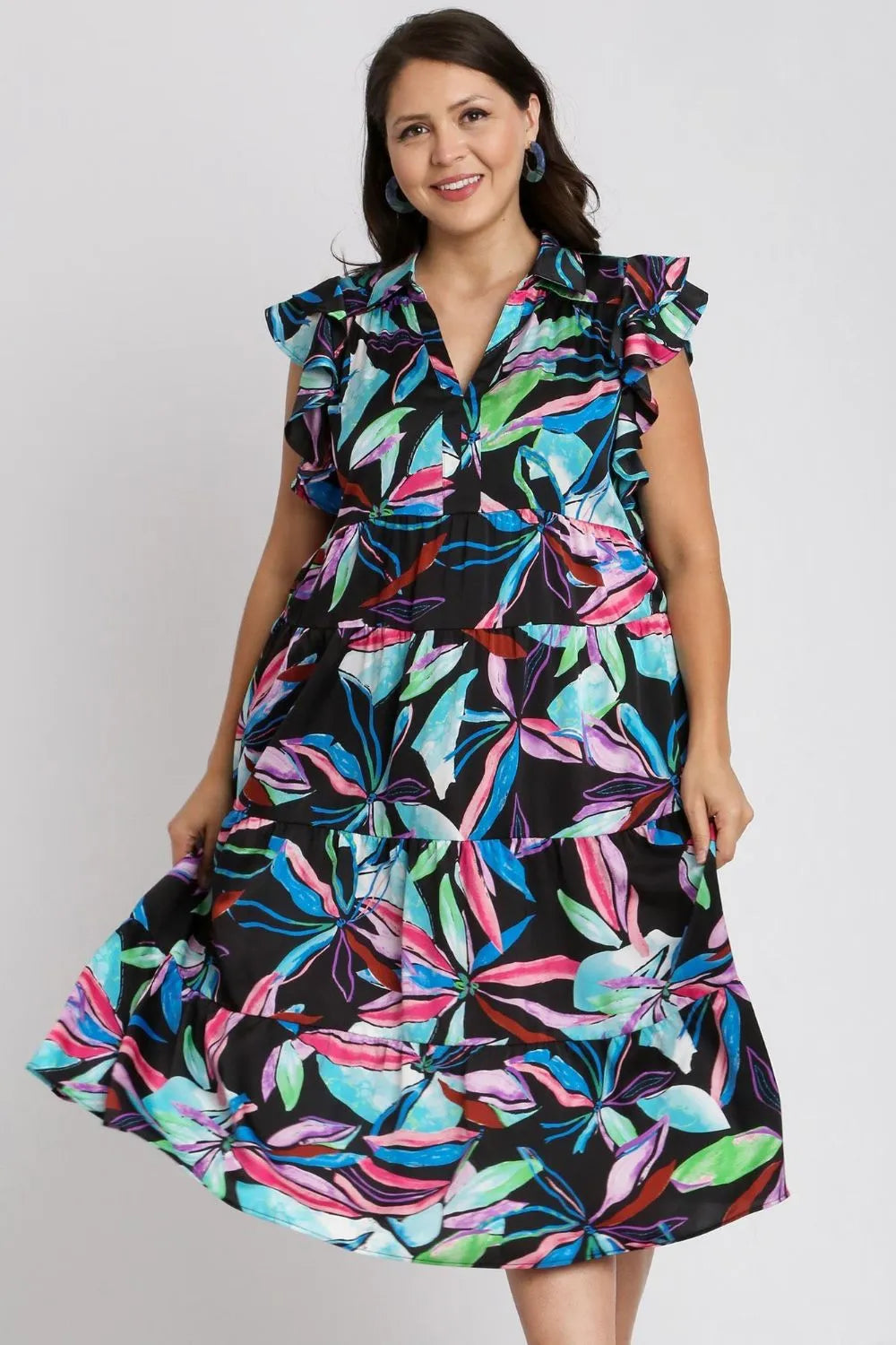 Umgee Full Size Leaf Print Double Layered Ruffle Sleeve Tiered Midi Dress Plus Size 92a1dc16-4b84-4f59-a6d5-da1869233e9b-Max
