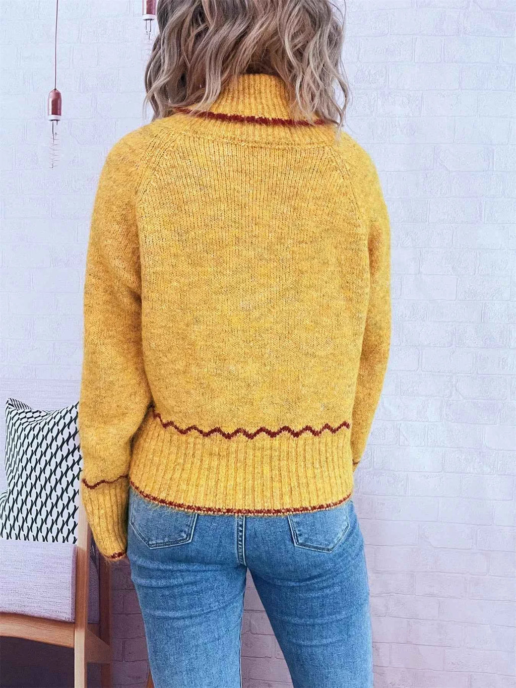 Ribbed Contrast Trim Long Sleeve Sweater 92c282b397724e3ea53177b21a547050-Max-Origin