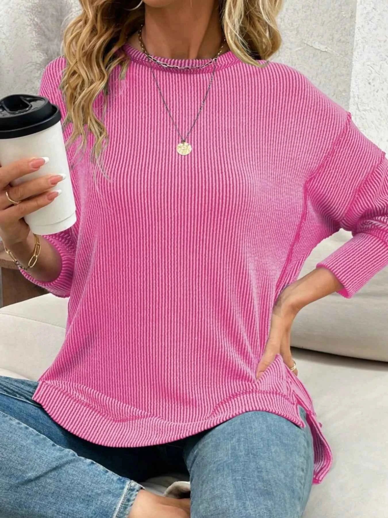 Side Slit Round Neck Dropped Shoulder Sweatshirt Rose Red 92dc6c096cb5437ab552c0caa01cc9be-Max-Origin