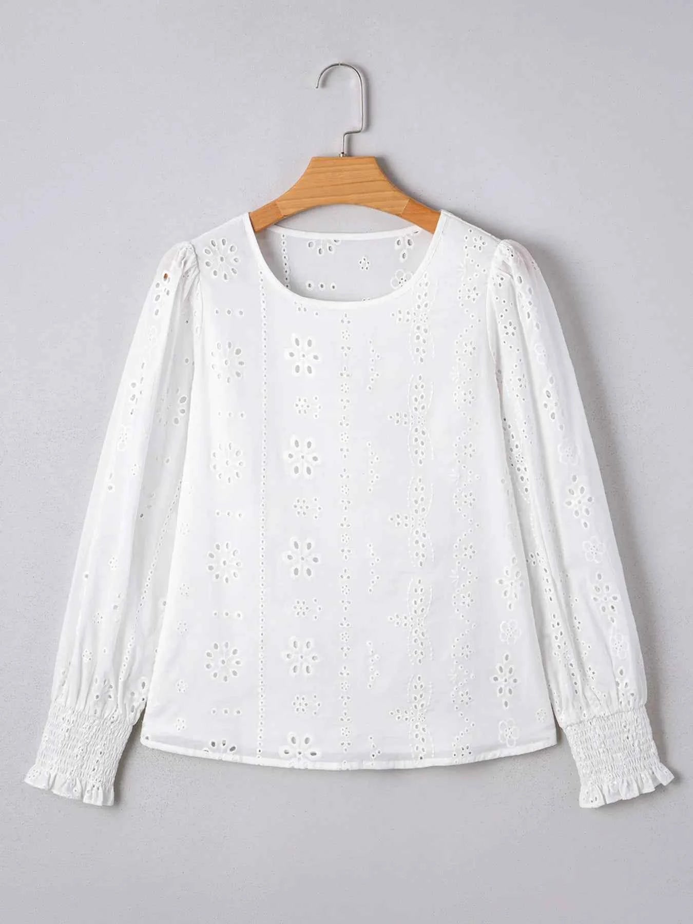 Eyelet Long Sleeve Blouse with Elastic Cuffs 92ea2671-b679-4e97-80b9-42beddfa77c9-Max-Origin