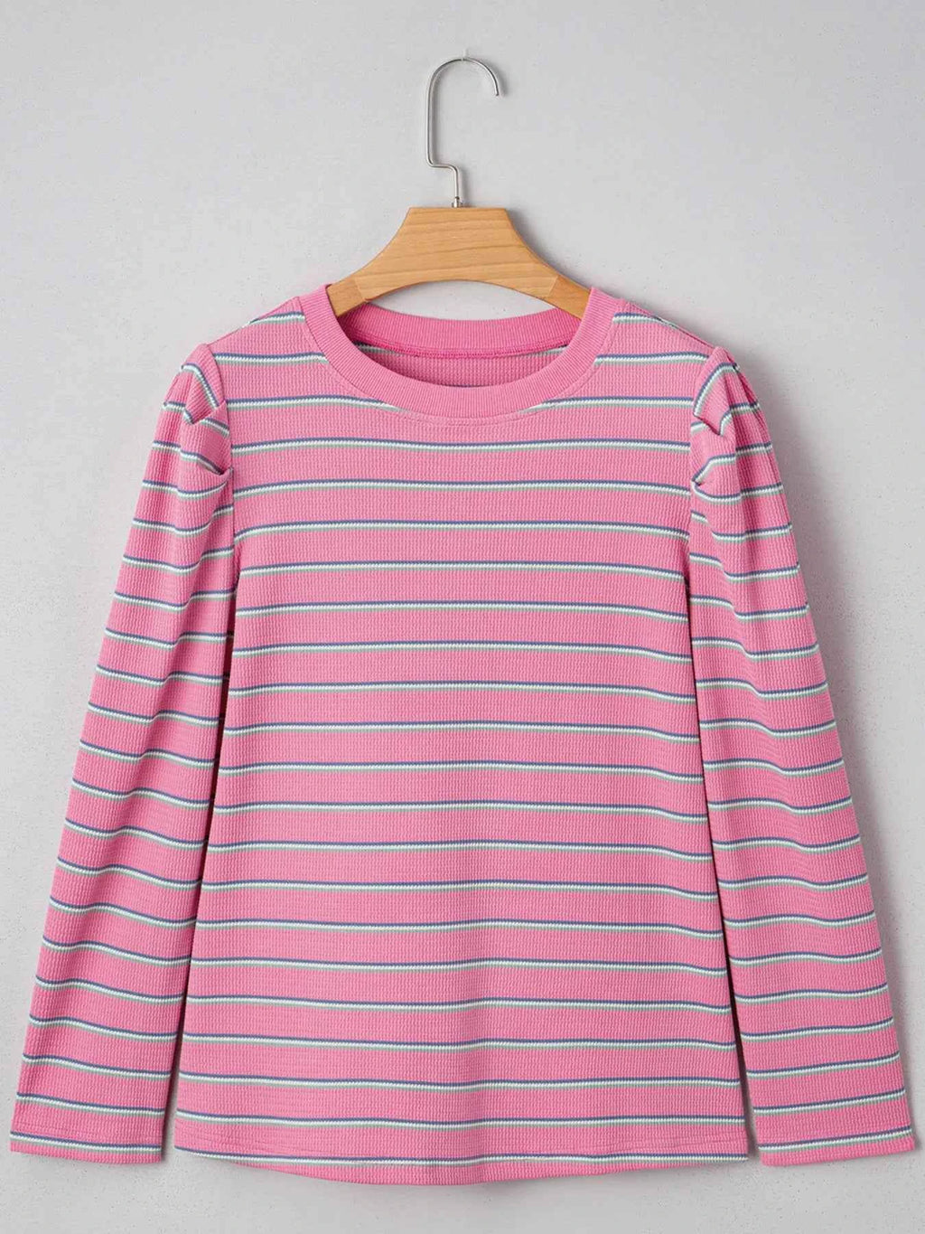 Stripe Textured Knit Round Neck Long Sleeve Top 92ecb3b1206d4f6a9f07f3ba5eb2e04a-Max-Origin