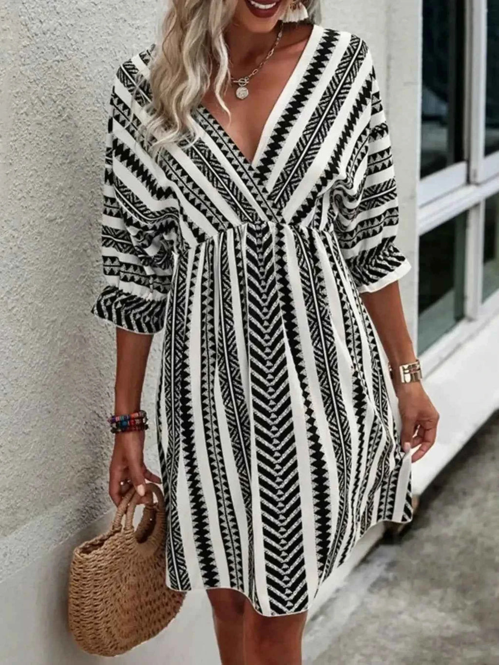 Geometric Print V-Neck Mini Dress 92fc21d98fd940ed9aa9f513b6394193-Max-Origin