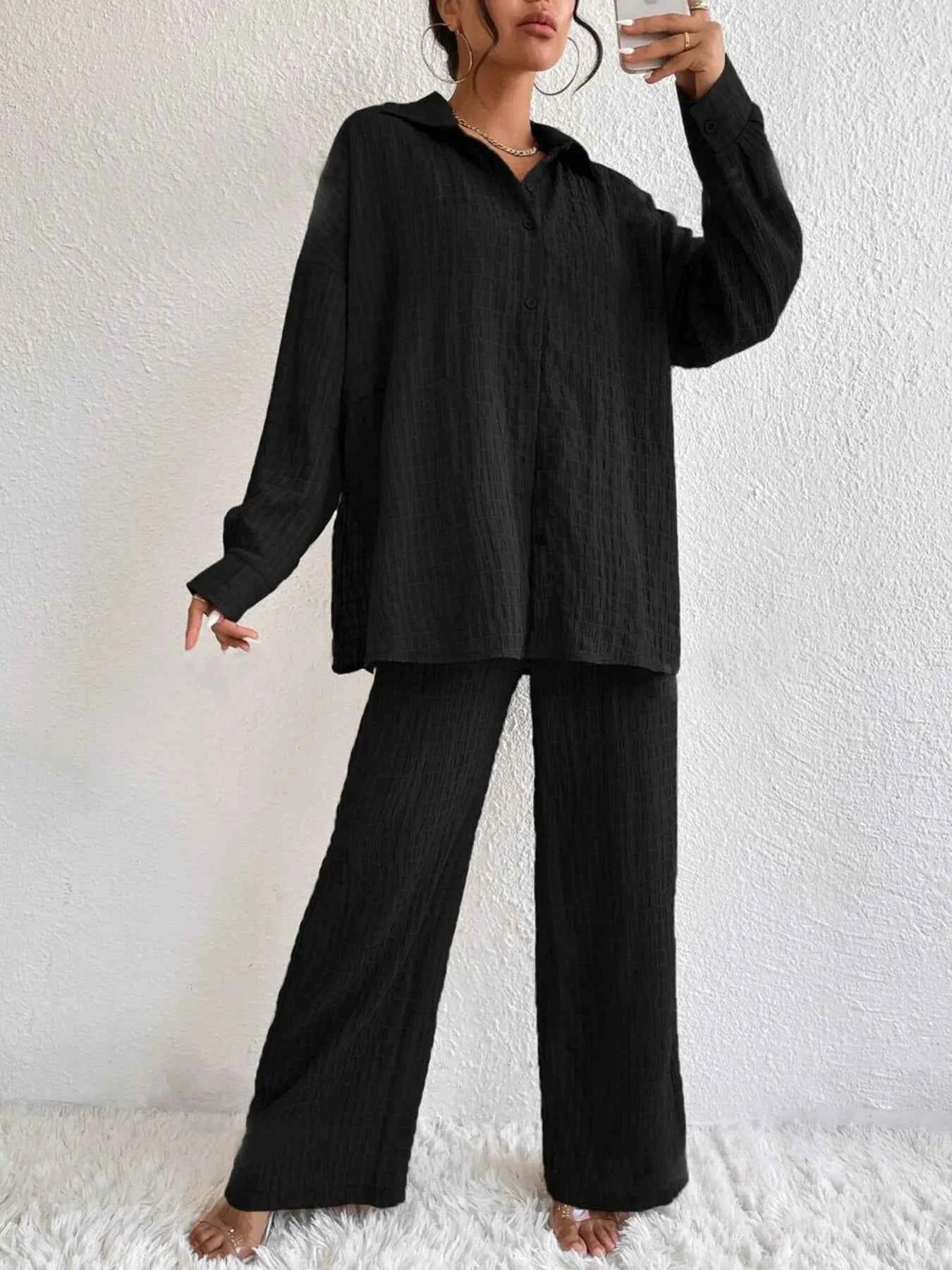 Button Up Long Sleeve Shirt and Pants Set 931ee6148ac64adda0eab7a6e635994c-Max-Origin