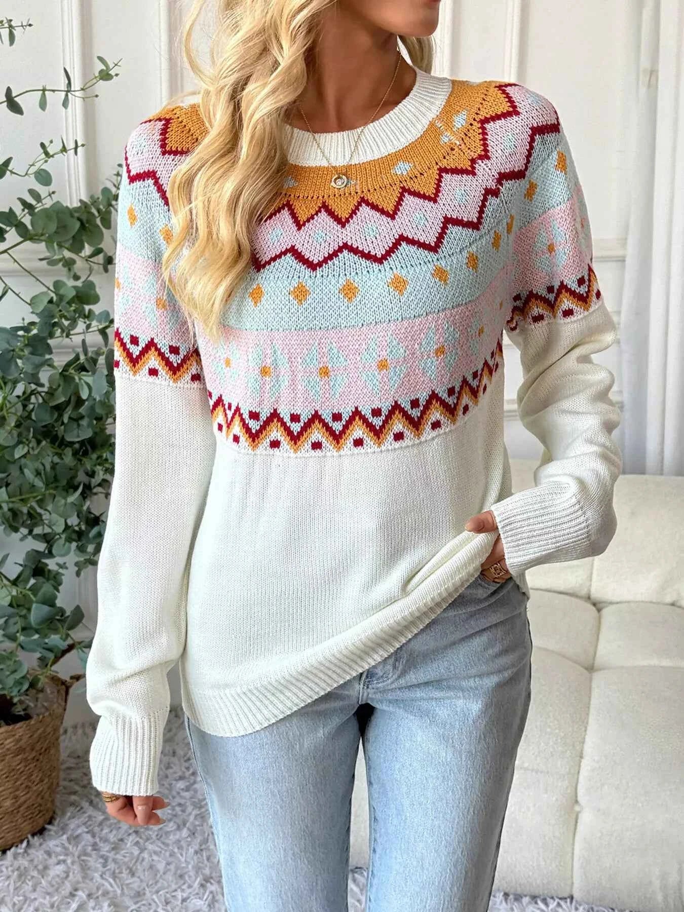 Contrast Round Neck Long Sleeve Sweater White 933424b211e645009ef1bd7a99fbaf03-Max-Origin
