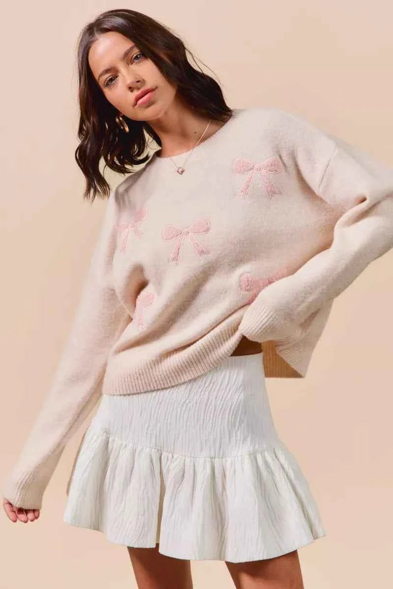SO ME Embroidered Ribbon Round Neck Sweater 933f0c747ecc4dc48b8dc66074cf8043-Max-Origin