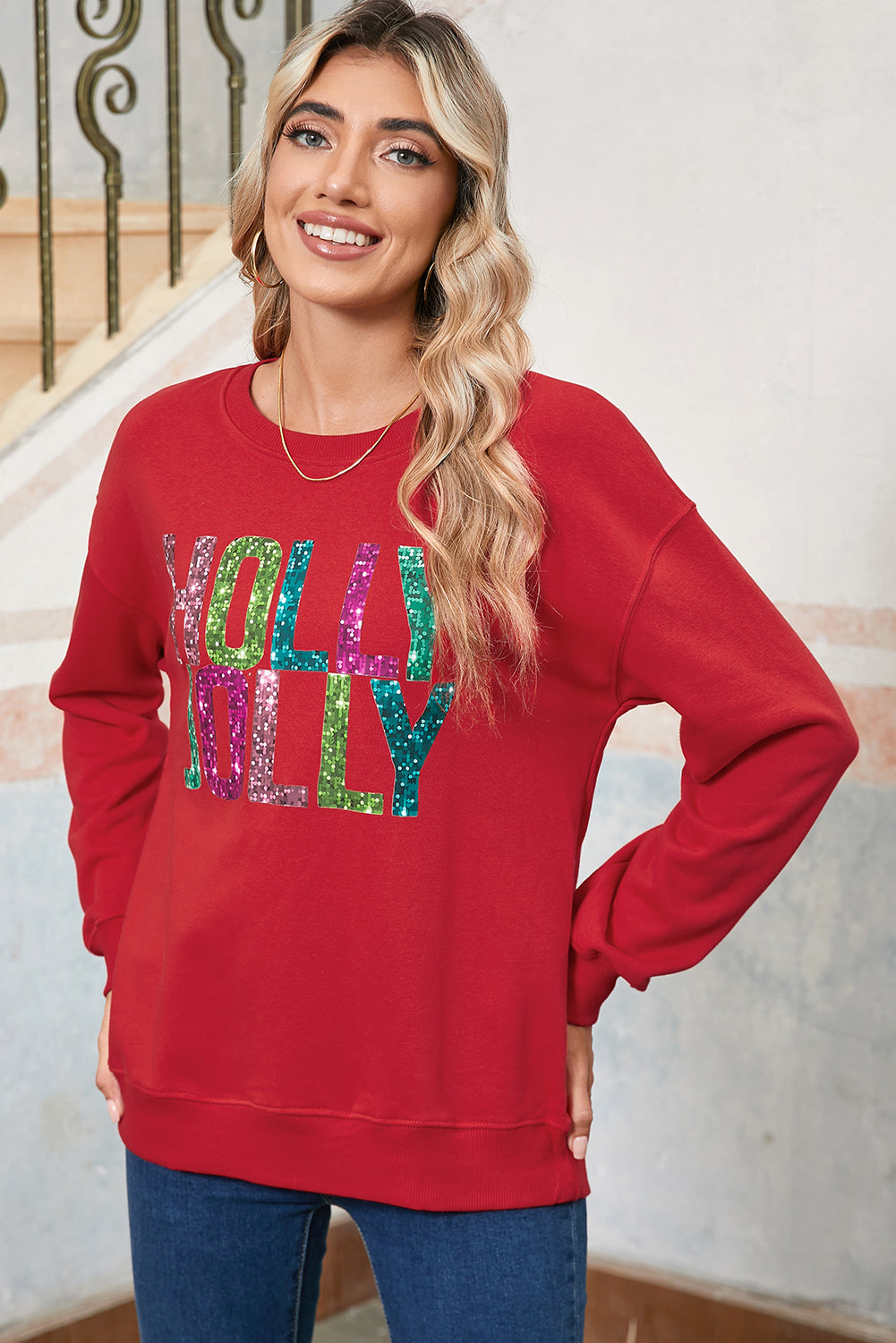 Red HOLLY JOLLY Heat Transfer Printing Graphic Christmas Pullover Sweatshirt 9349b808f550b4b8