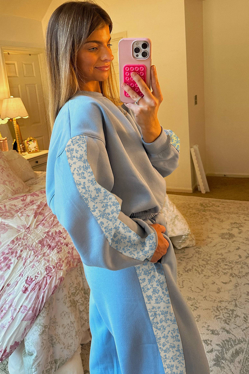 Beau Blue Floral Patchwork Drop Shoulder Pullover and Sweatpants Lounge Set 934ea759a2bd7288