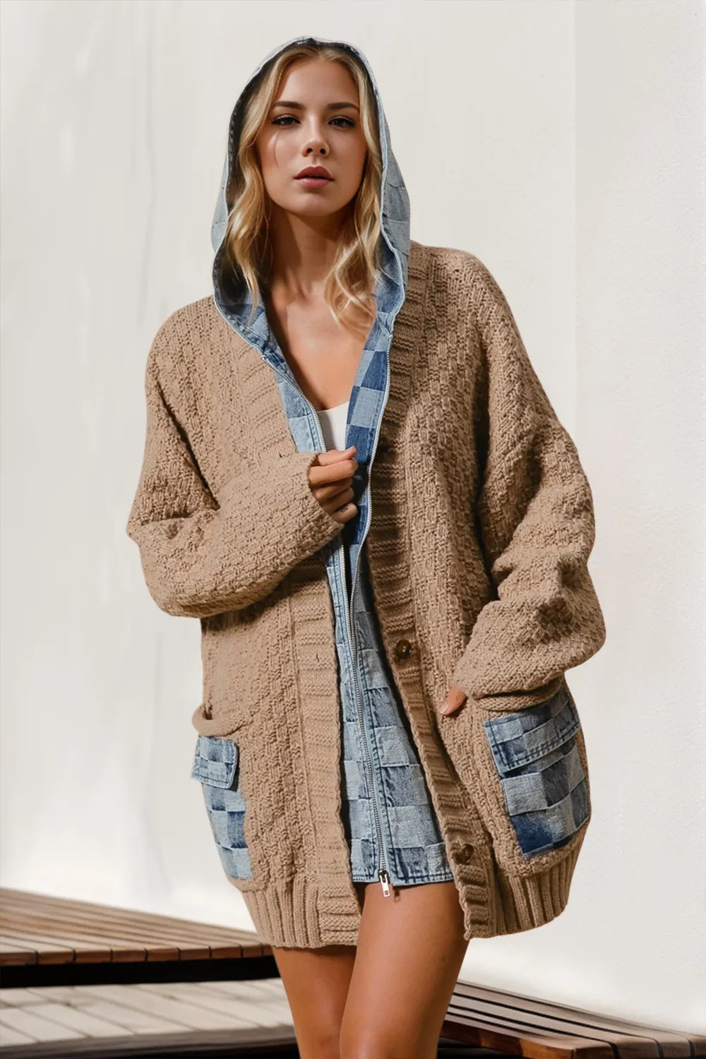 Double Take Full Size Hooded Denim Spliced Sweater Cardigan Camel 9360c901-462b-4b46-a6de-949b898700e1-Max