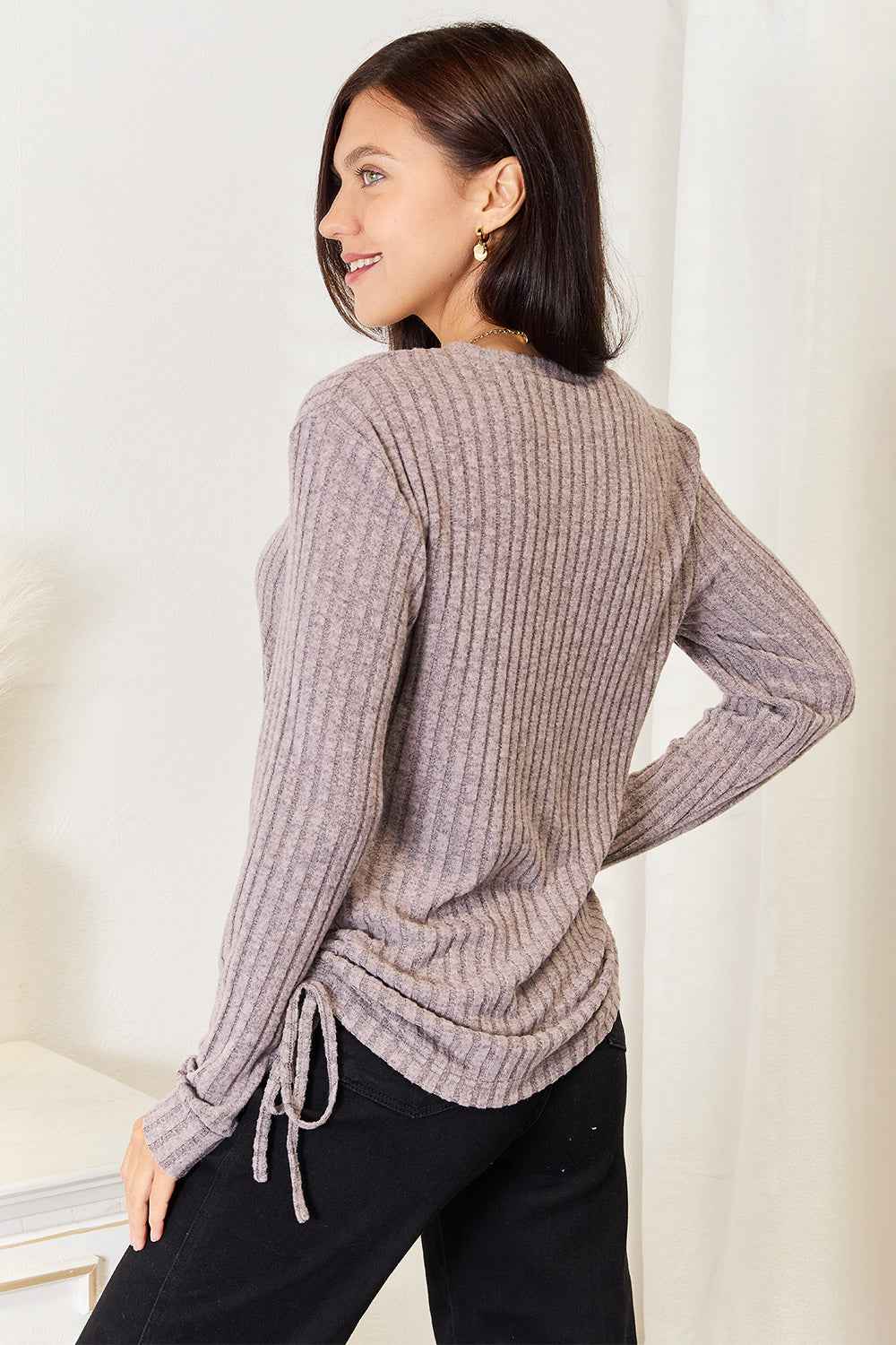 Double Take Drawstring Ribbed Long Sleeve T-Shirt 9363b75dc1014778aad3678239da5ce8-Max