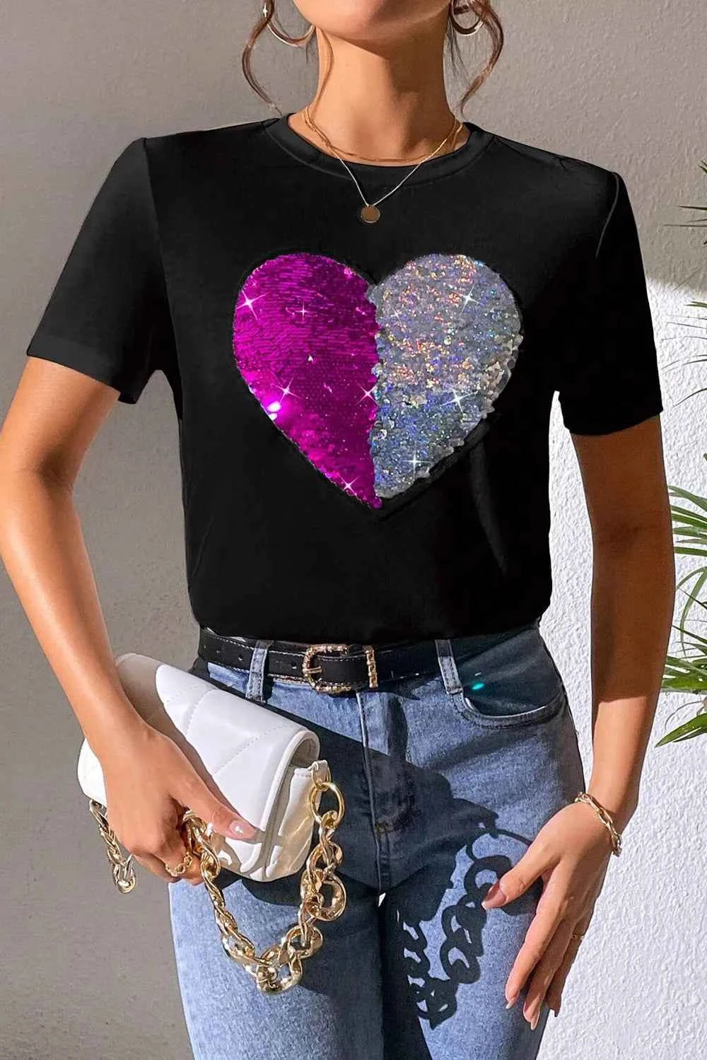 Heart Sequin Round Neck Short Sleeve T-Shirt Black 9378ca67-dd09-4a69-bc44-e9ed70298c41-Max