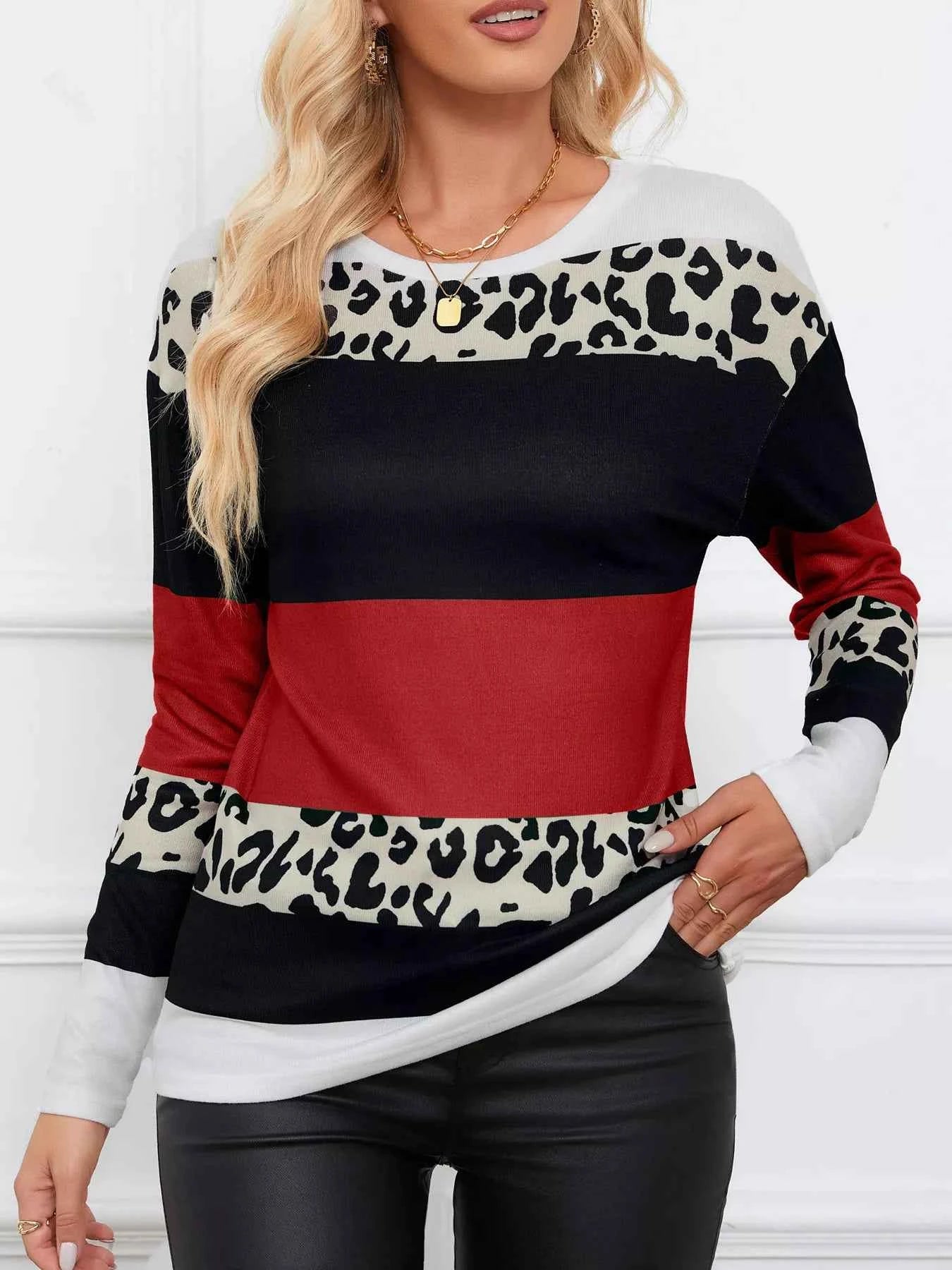 Leopard Color Block Striped Knit Top 豹纹深红色 937cbe86825b4ffb9803f123c7bfbc92-Max-Origin
