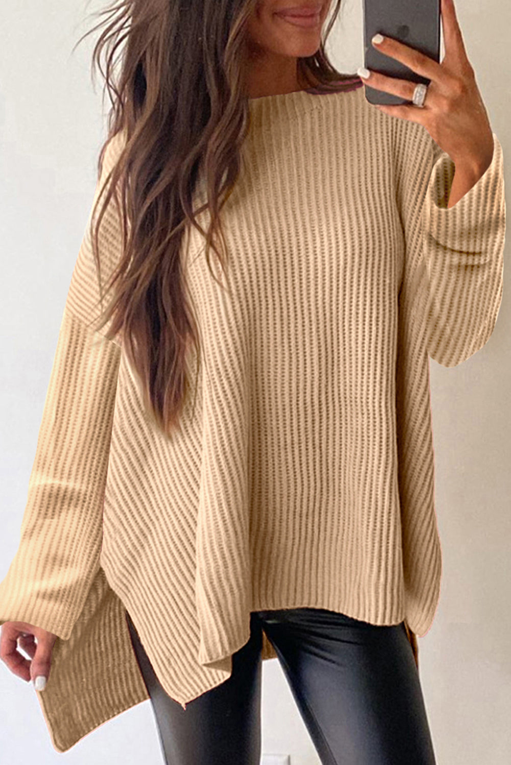 Apricot Plain Side Slits Oversized Sweater Apricot 55%Acrylic+45%Cotton 937f91c5f7088244