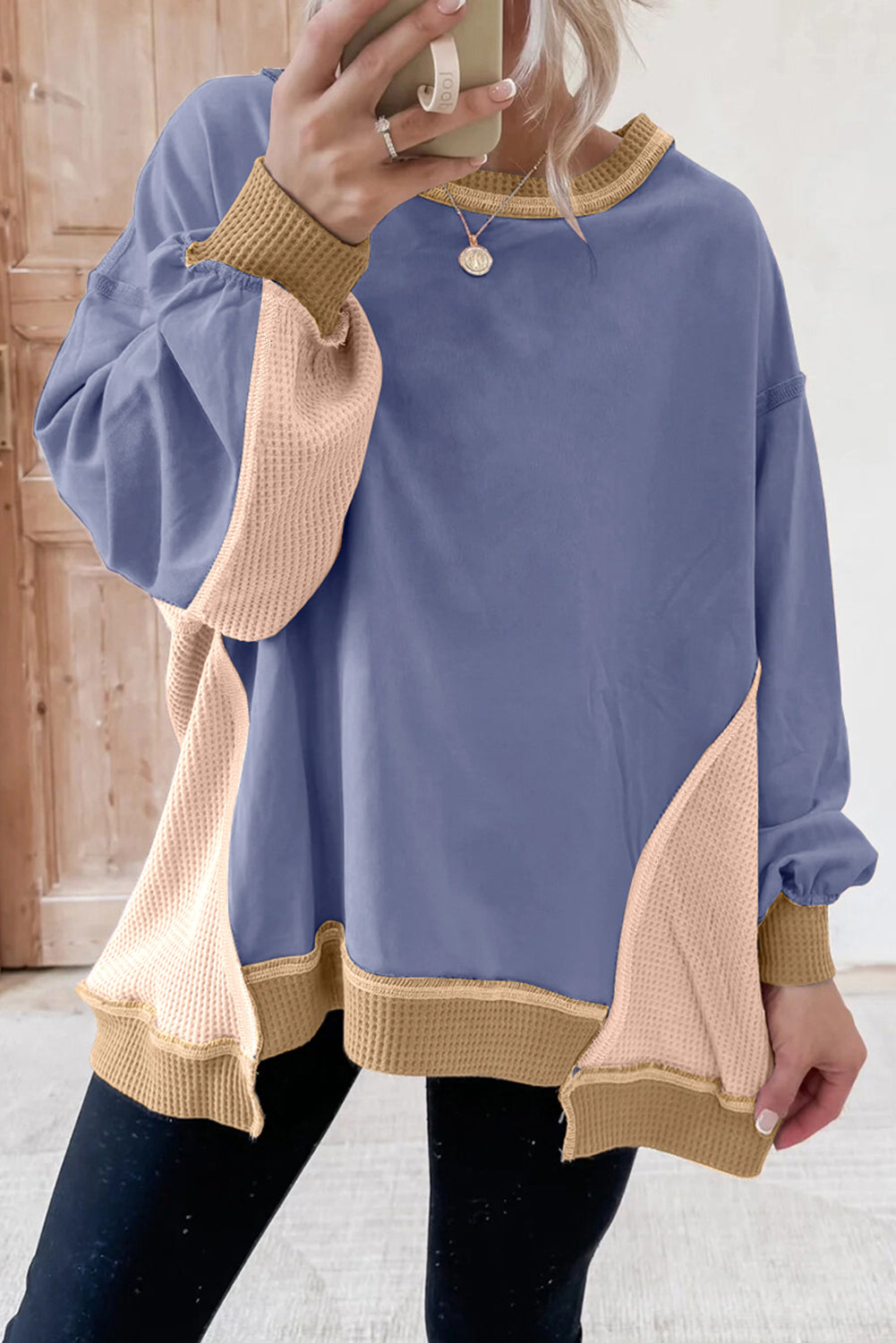 Smoke Green Colorblock Waffle Patchwork Oversize Sweatshirt Wild Wind 65%Polyester+35%Cotton 9390b72c764e3a0c