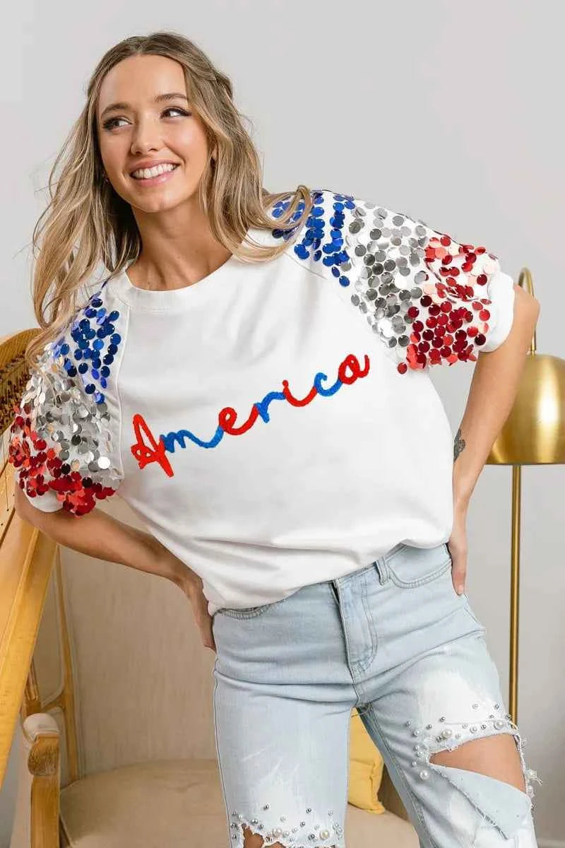 BiBi America Letter Applique Spangle Puff Sleeves Top 939b89e121a64a76a41f048cea071492-Max-Origin