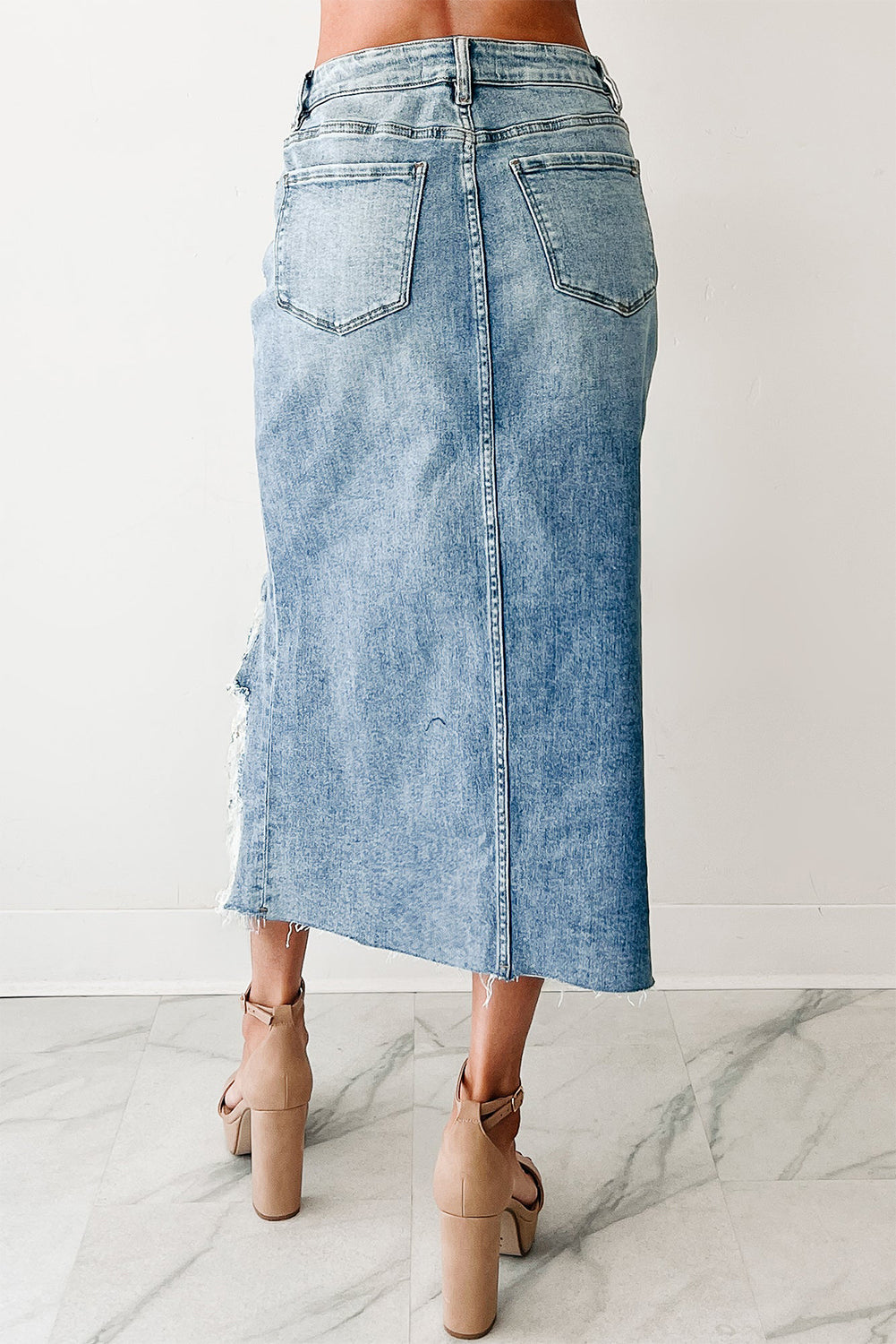 Myosotis Irregular Distressed Hem Denim Midi Skirt 93a506042d90a50b