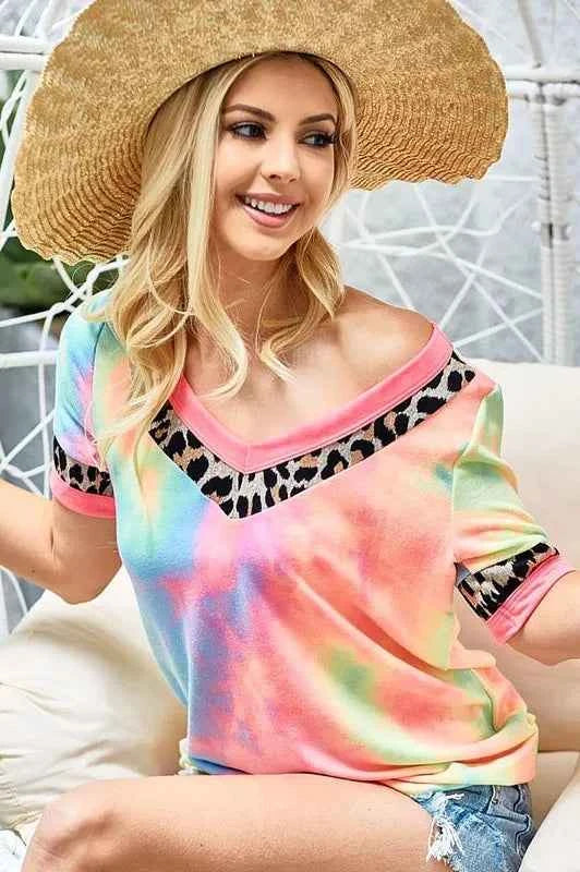 BiBi Rainbow Tie-Dye Leopard Trim V-Neck T-Shirt 93ddff21f6f744bb8985c738f3d5d54d-Max-Origin