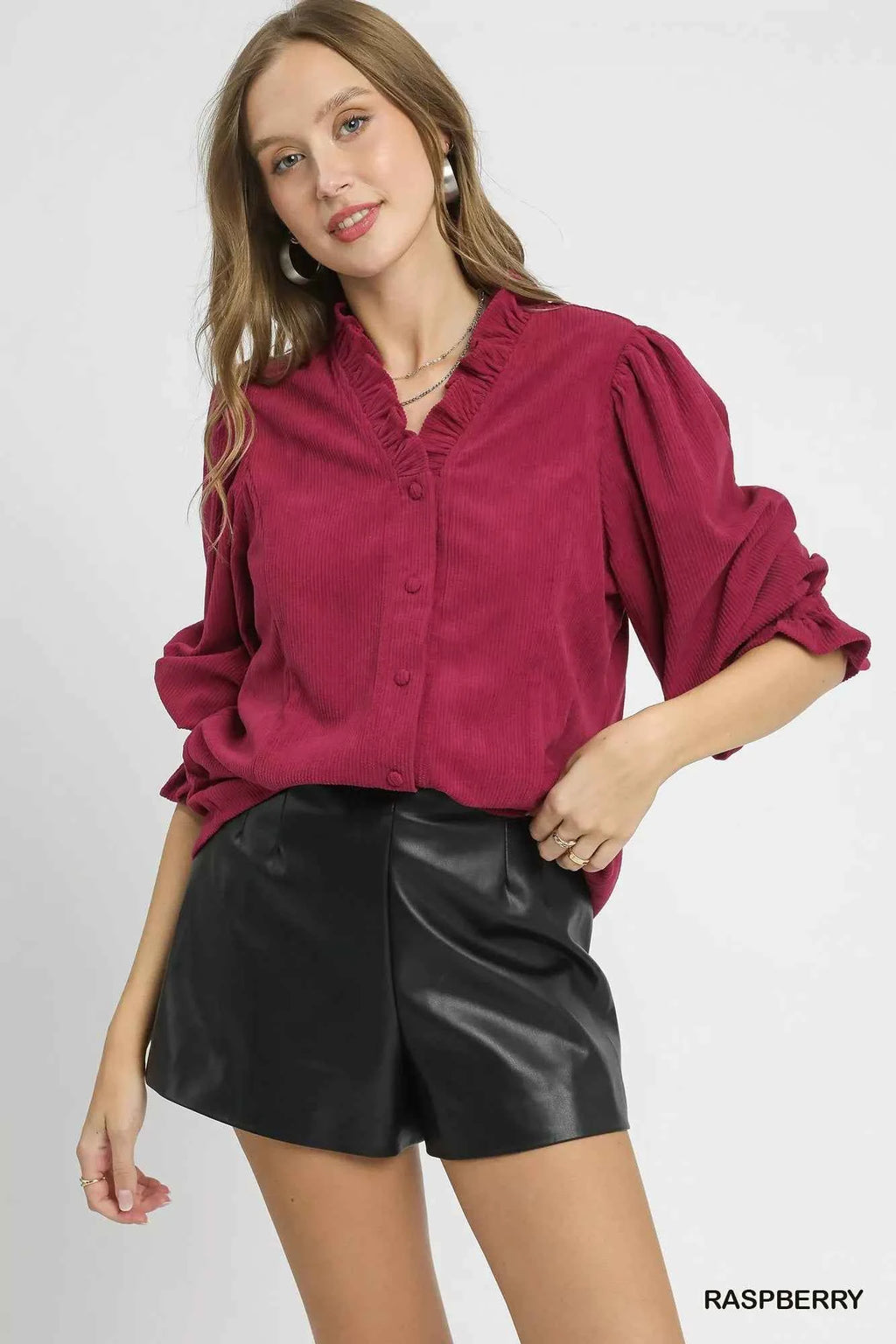 Umgee Corduroy Ruffle Shirt with Long Puff Sleeves RASPBERRY 93e7eb45-6c6c-4994-8406-7b883fcc7398-Max-Origin