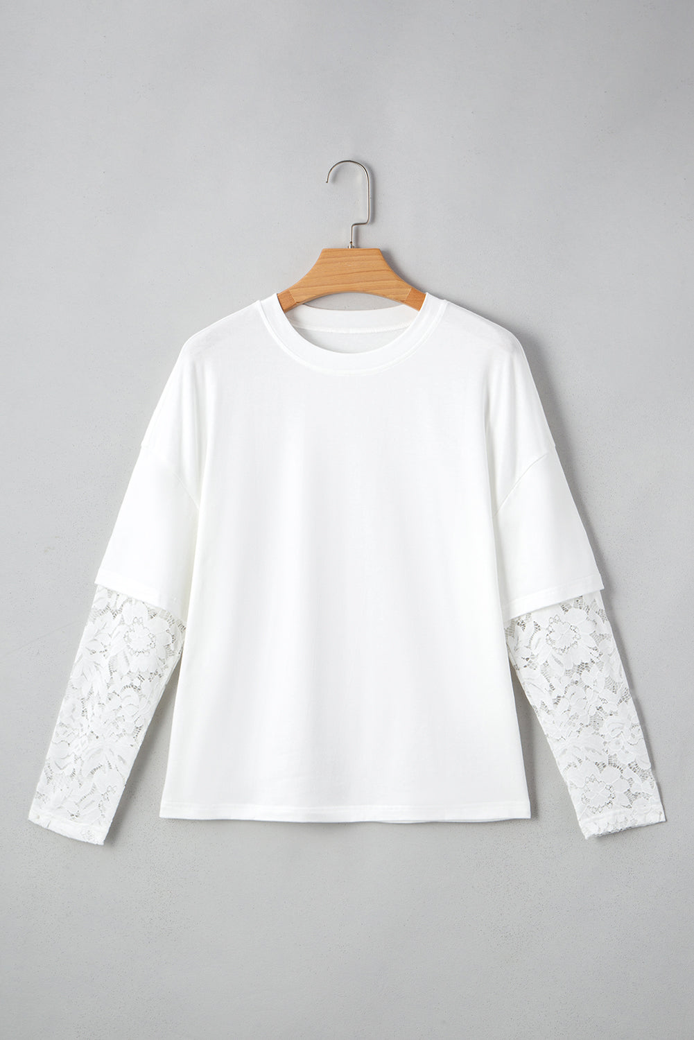 White Fake Two-Piece Lace Long Sleeve Drop Shoulder Tee 93ea1c7c12a065d5