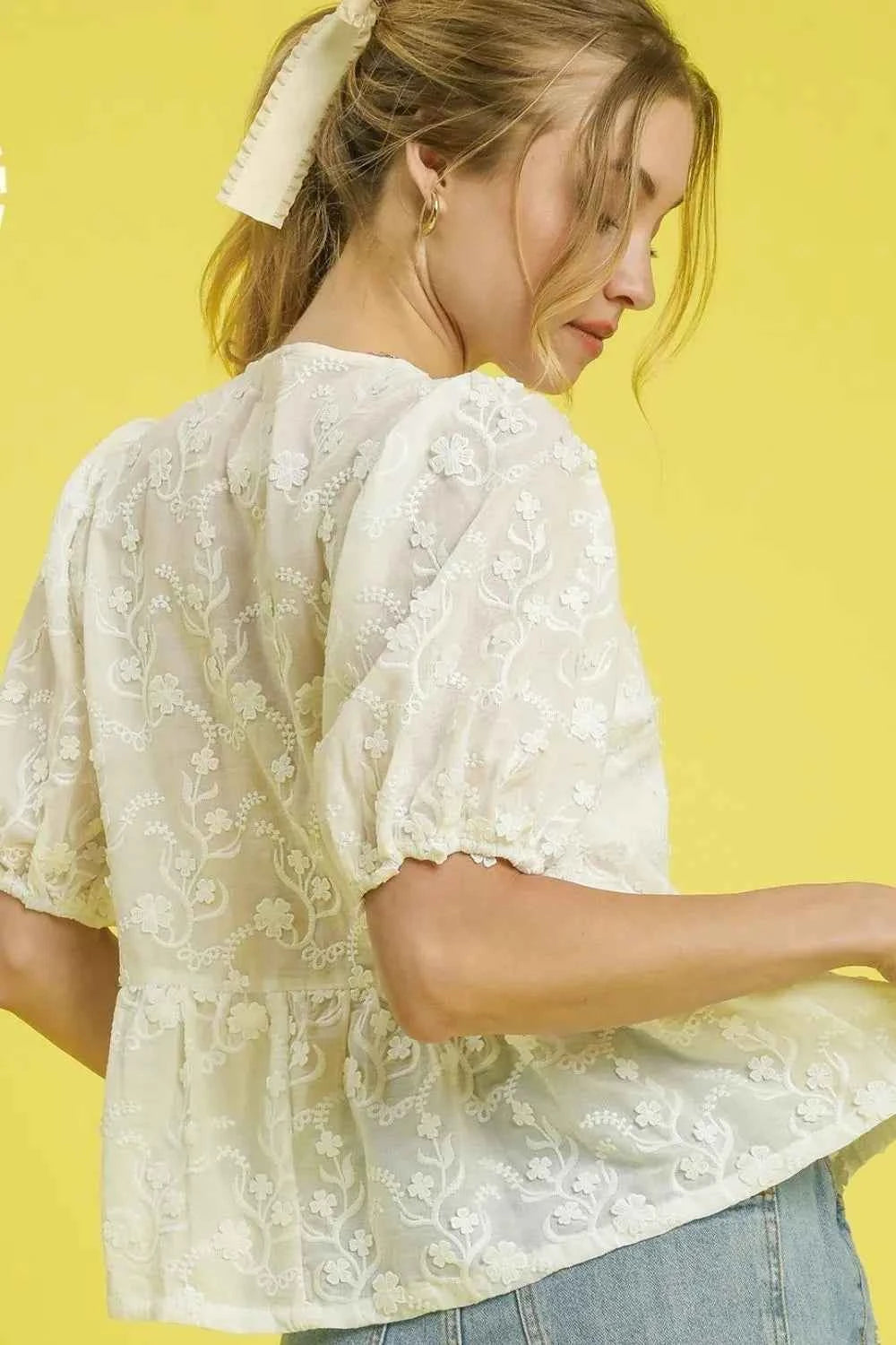 Umgee Embroidered Tie Front Peplum Blouse 93f10593-055e-48e1-a7f3-8ff8e7970ead-Max-Origin