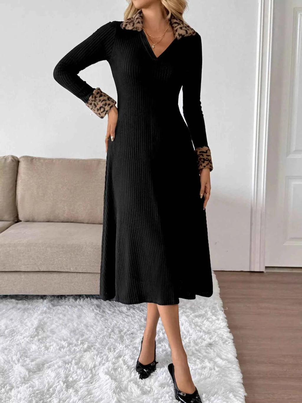 Leopard Cuff Johnny Collar Midi Dress Black 93fe0ca695a8466d9ab9a6f70d01f445-Max-Origin