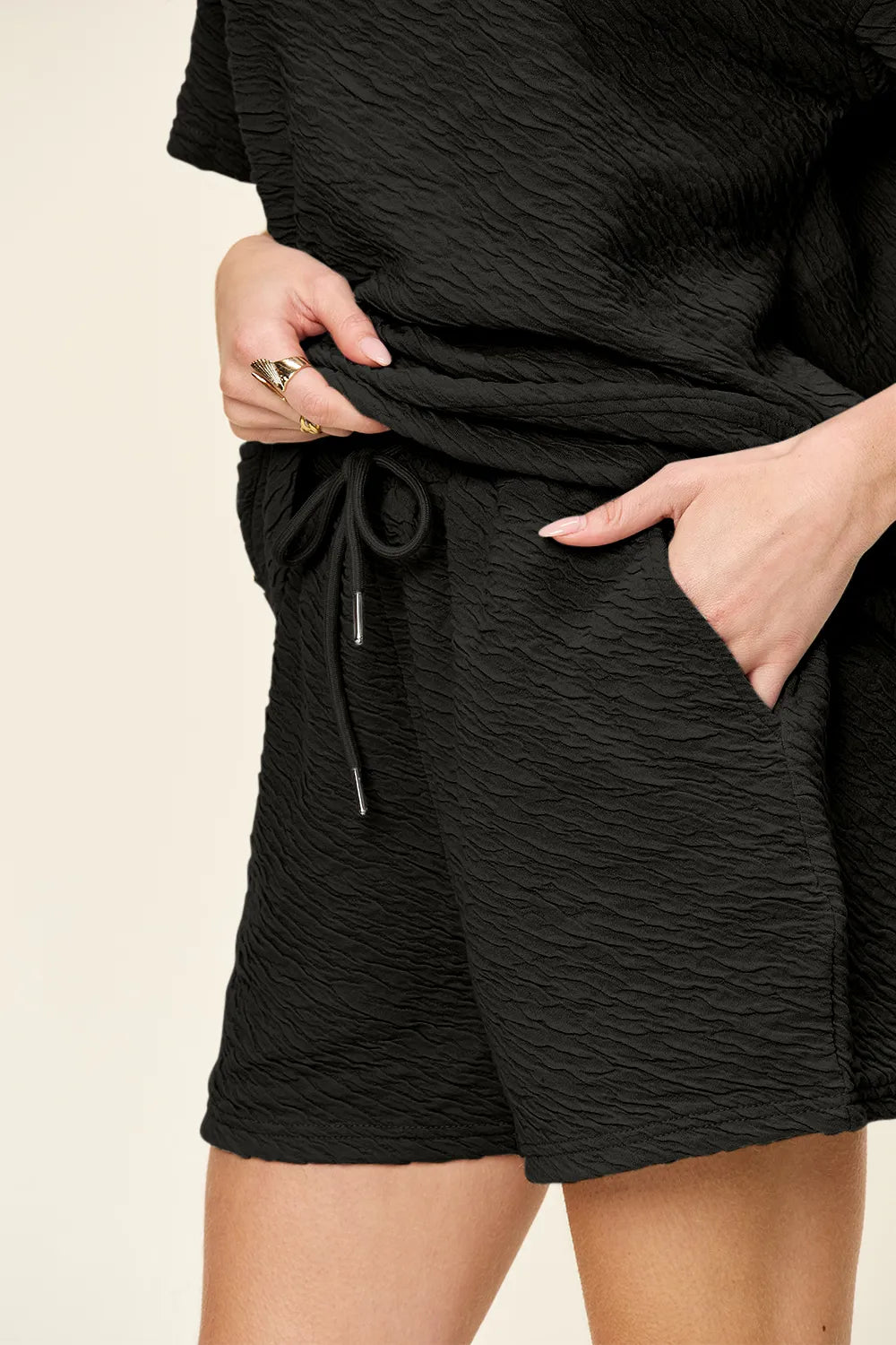 Double Take Full Size Texture Short Sleeve T-Shirt and Drawstring Shorts Set 94058f0c-912b-43db-b5fa-c55944eafab1-Max