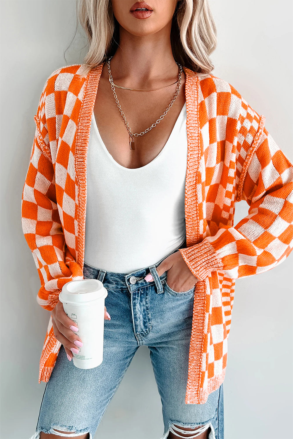 Orange Checkered Open Front Drop Shoulder Cardigan Orange 55%Acrylic+45%Cotton 9405dbe903ee6c21