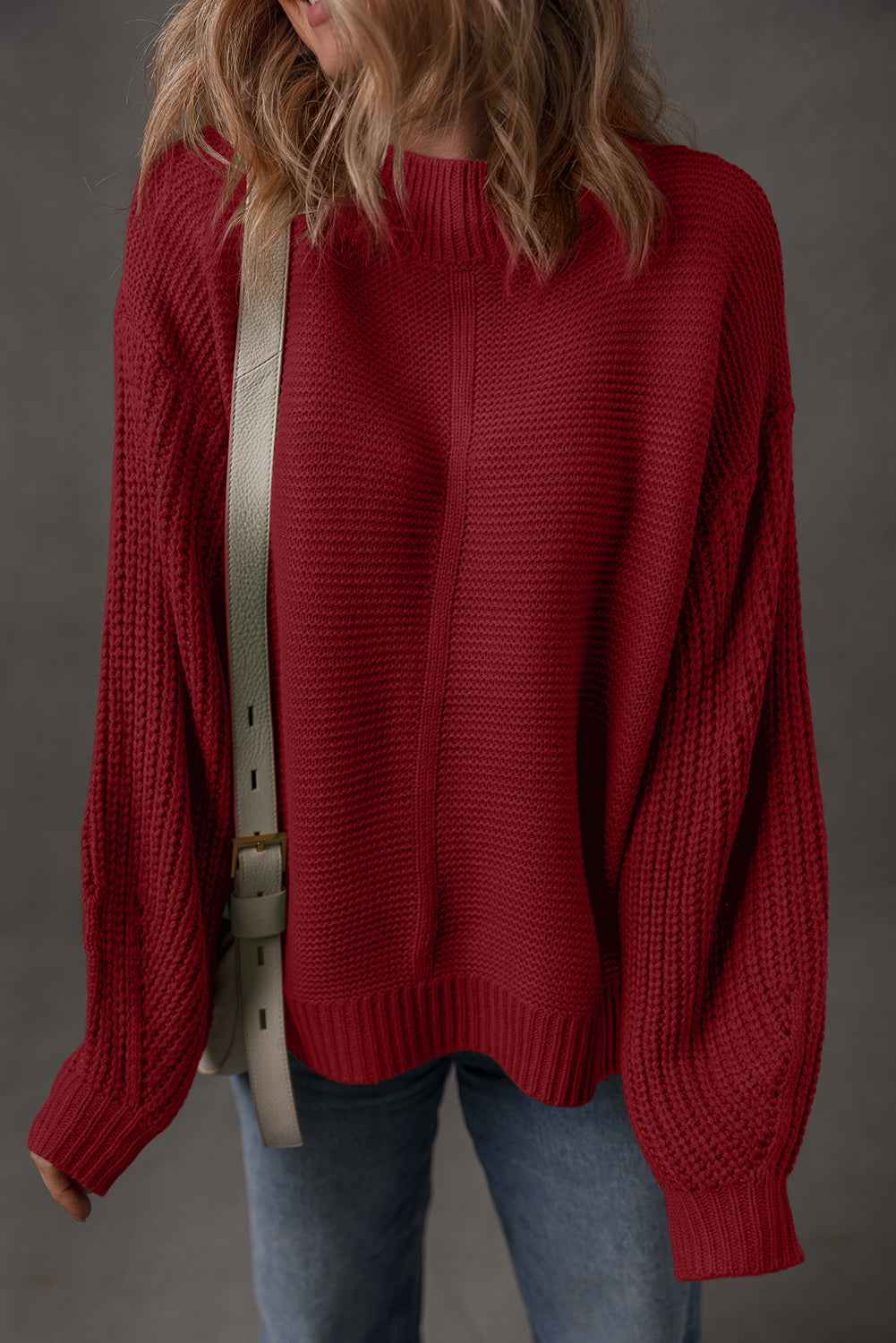 Red Dahlia Solid Color Front Seam Drop Shoulder Loose Sweater Red Dahlia 60%Cotton+40%Acrylic 9445f2844959040b