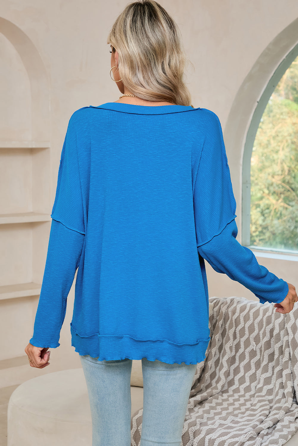 Blue V-Neck Pocketed Ribbed Dolman Top 947921c9d12beeca
