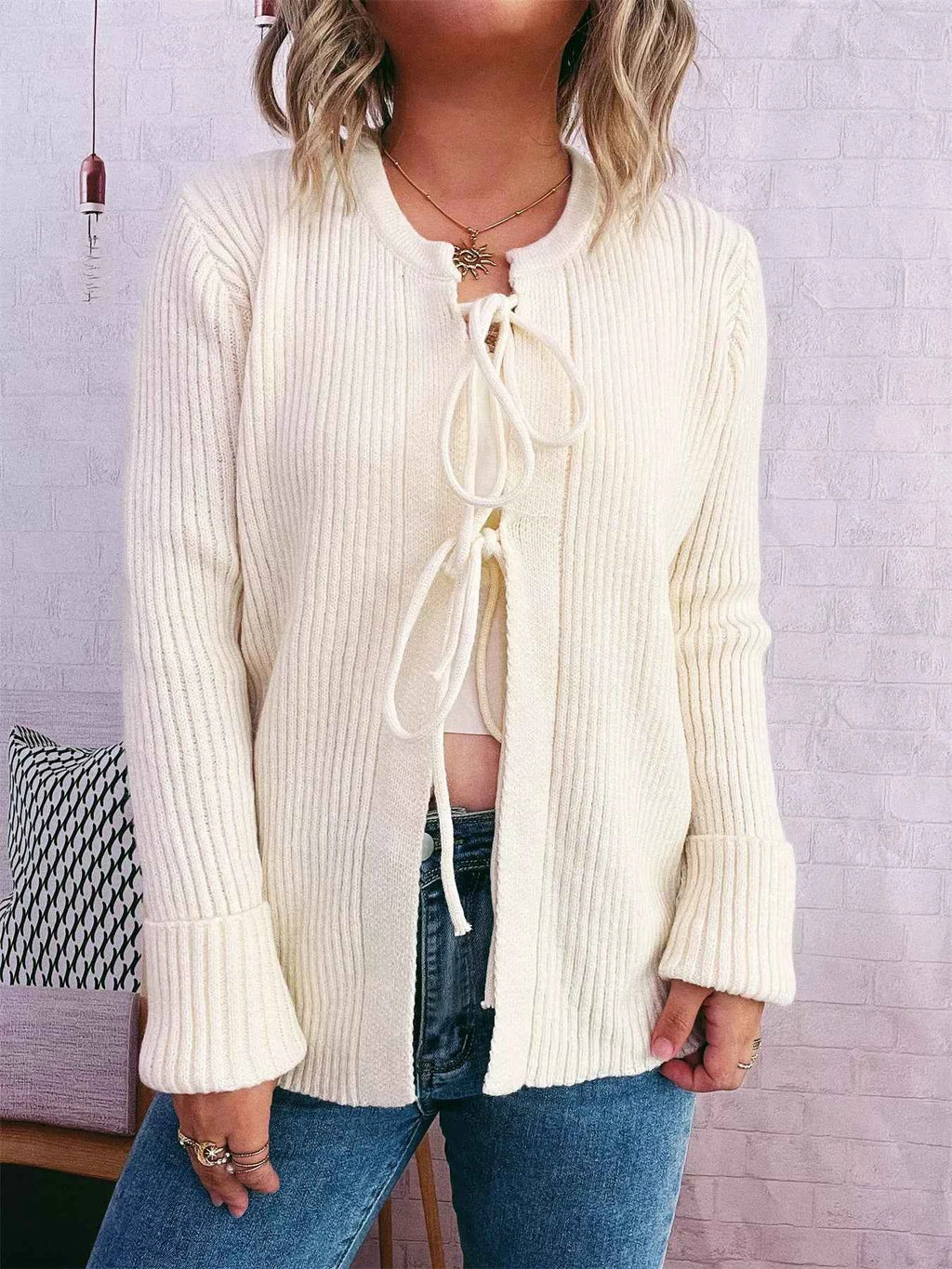 Ribbed Tie Front Long Sleeve Cardigan Ivory One Size 947e6b64205144e48d3ca6c0dfd51a76-Max-Origin