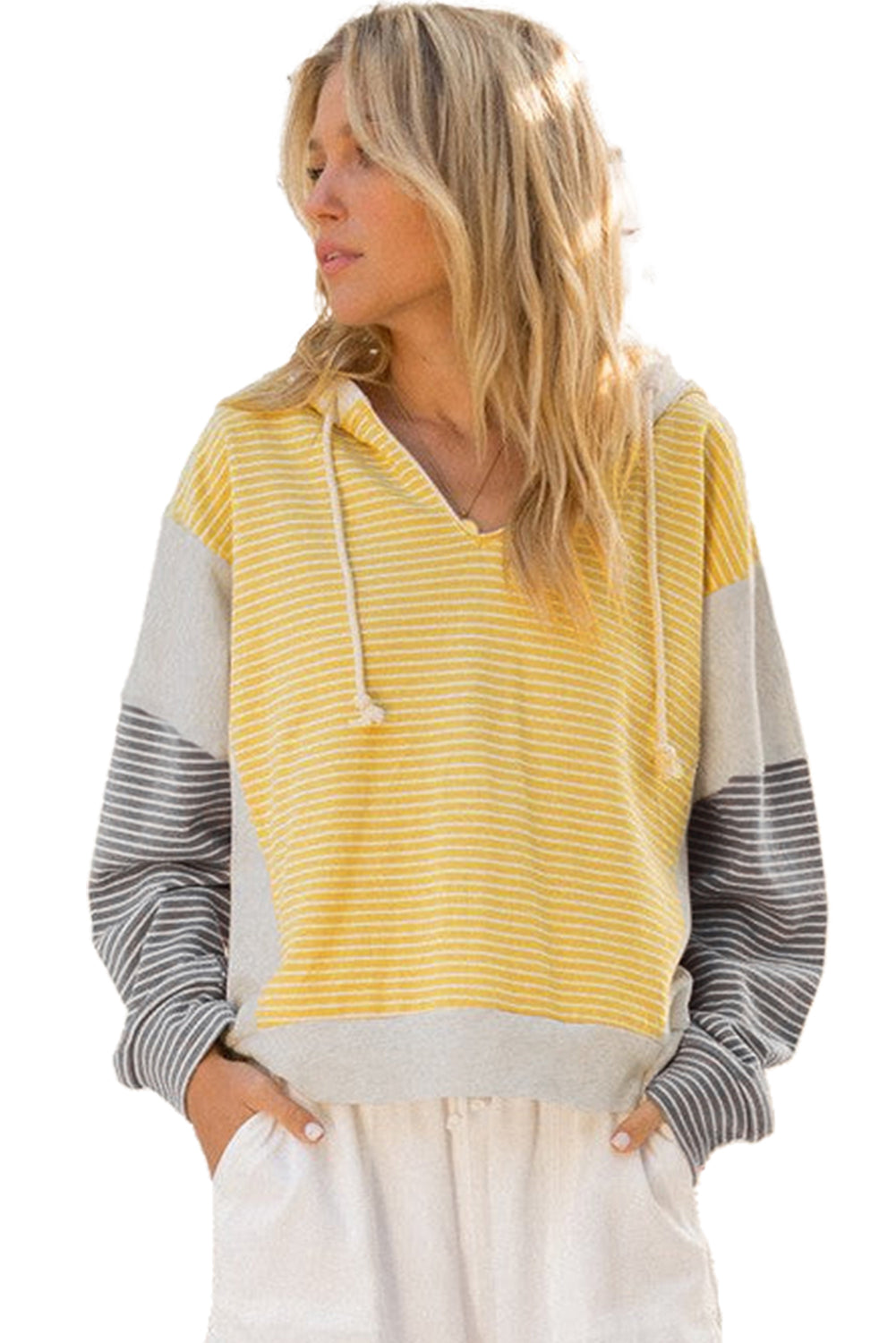 Yellow Stripe Colorblock Drawstring V Neck Loose Fit Hooded Top 94896c30b7e19d19
