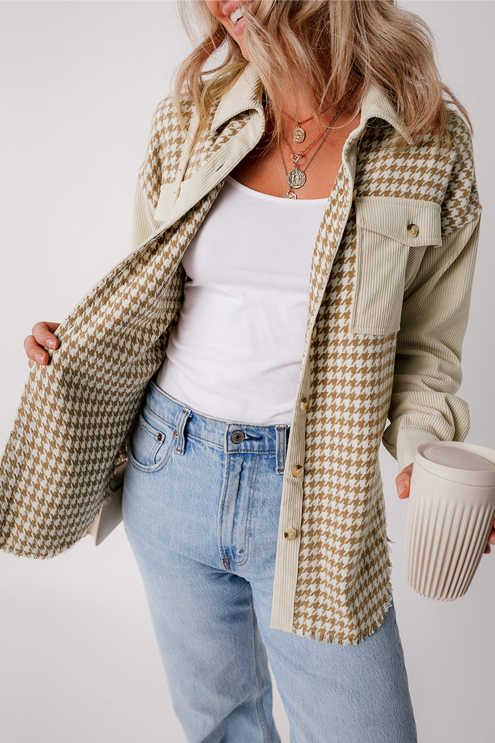 Parchment Houndstooth Corduroy Patchwork Flap Pocket Shacket 9495b1a607e50e89
